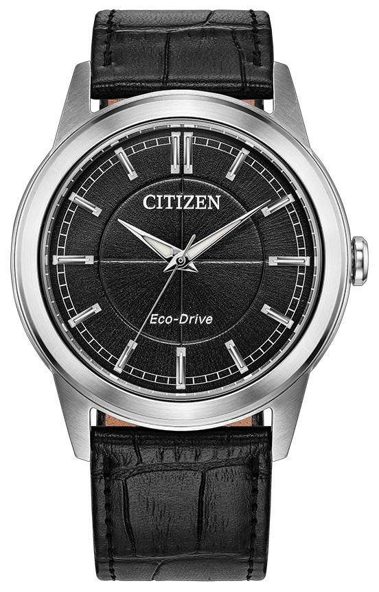 Men's Eco-Drive Rolan Leather Strap watch, Black dial