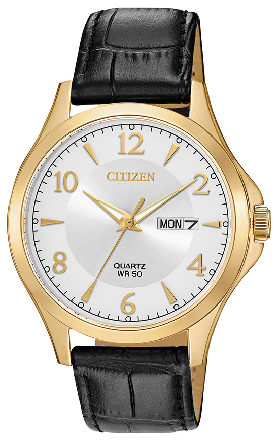 Men's Quartz Watch, Black Leather Strap with Silver Dial