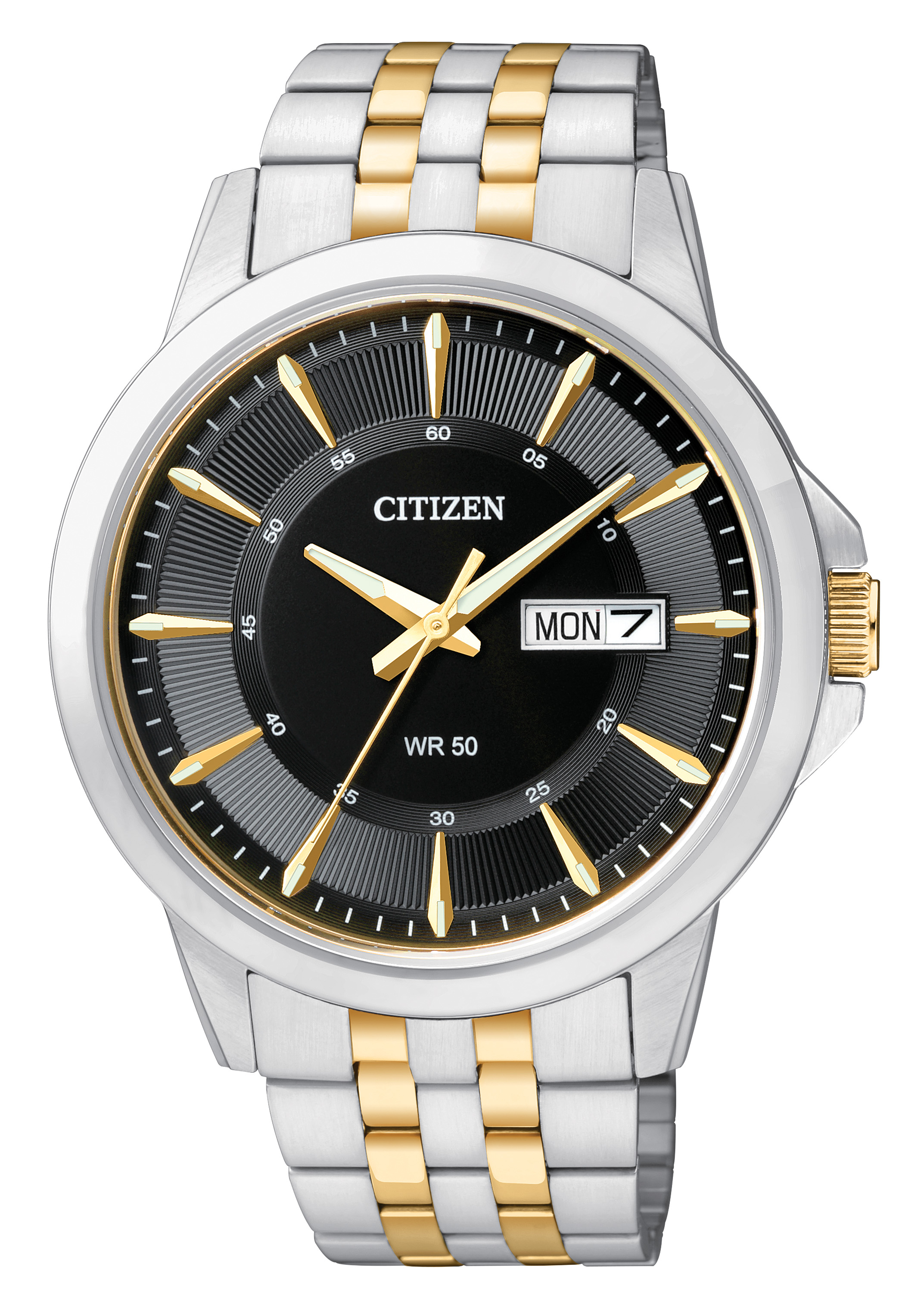 Men's Quartz Two-Tone Stainless Steel Watch with Black Dial and Date