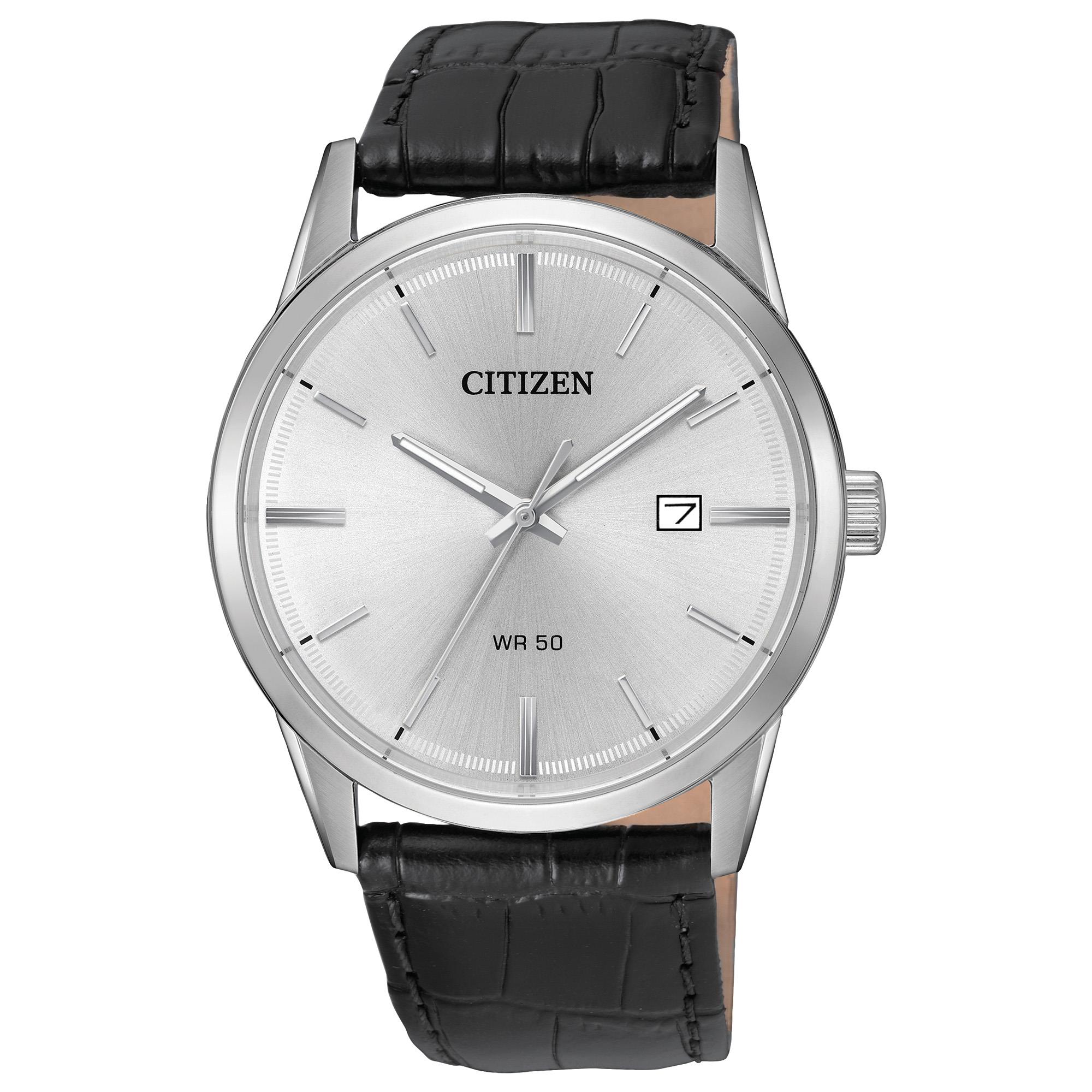 Men's Quartz Watch, Stainless Steel Case, Black Leather Strap
