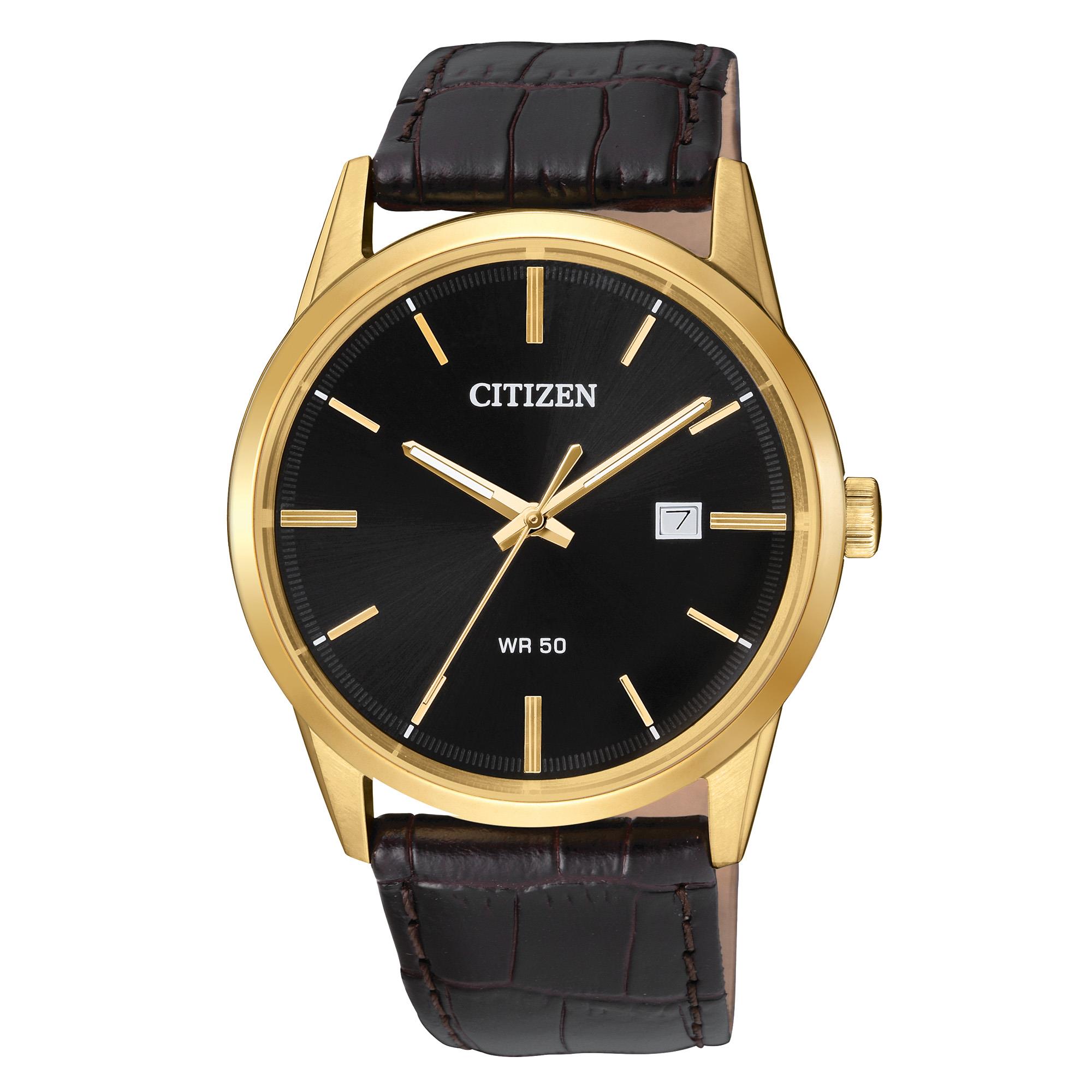 Men's Quartz Watch, Stainless Steel Case, Brown Leather Strap & Black Dial