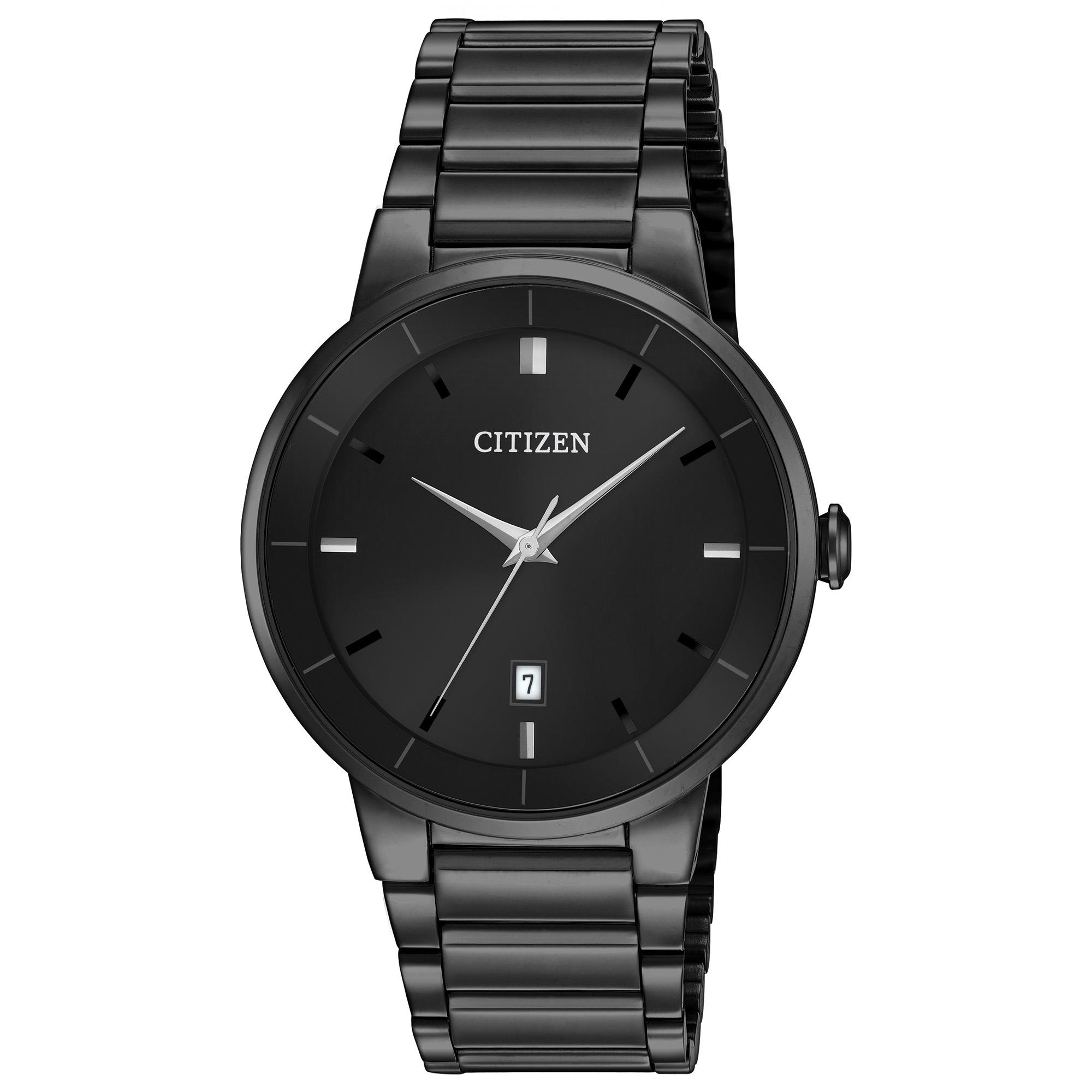 Men's Quartz Watch, Black Ion Plated Stainless Steel Case and Bracelet with Black Dial