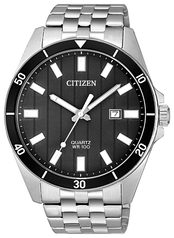 Men's Quartz Watch, Silver-tone with Black Dial and Black Accents