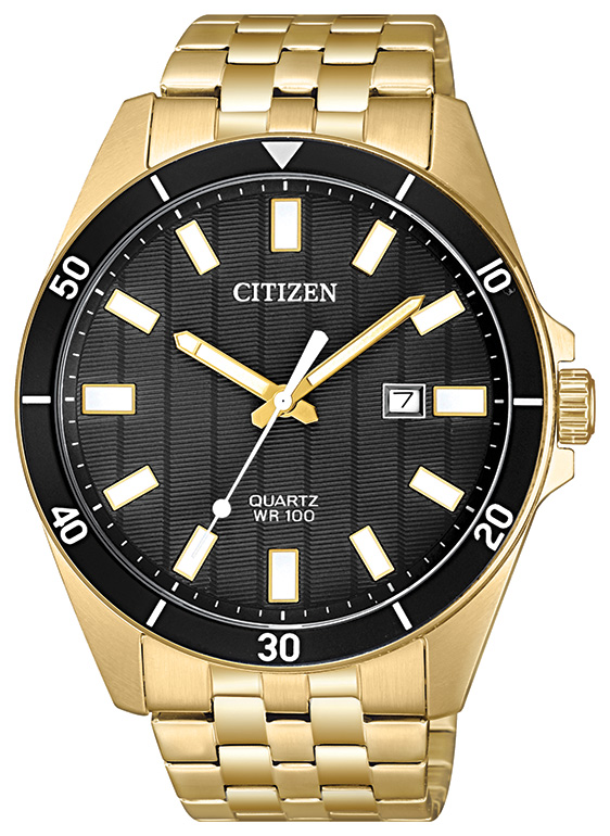 Men's Quartz Gold-Tone Stainless Steel Watch, Black Dial