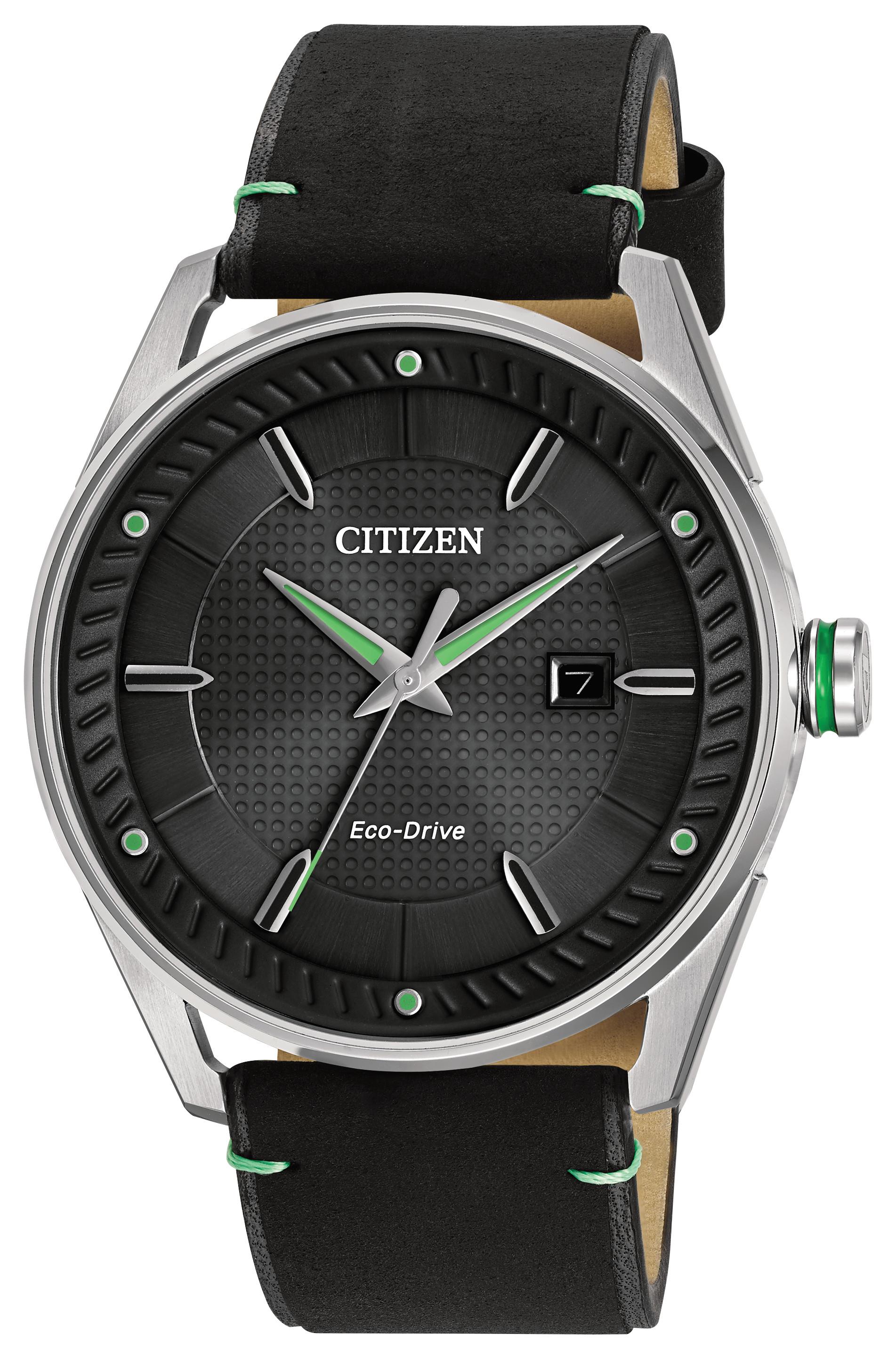 Men's Sport Casual Eco-Drive Leather Strap watch, Black dial