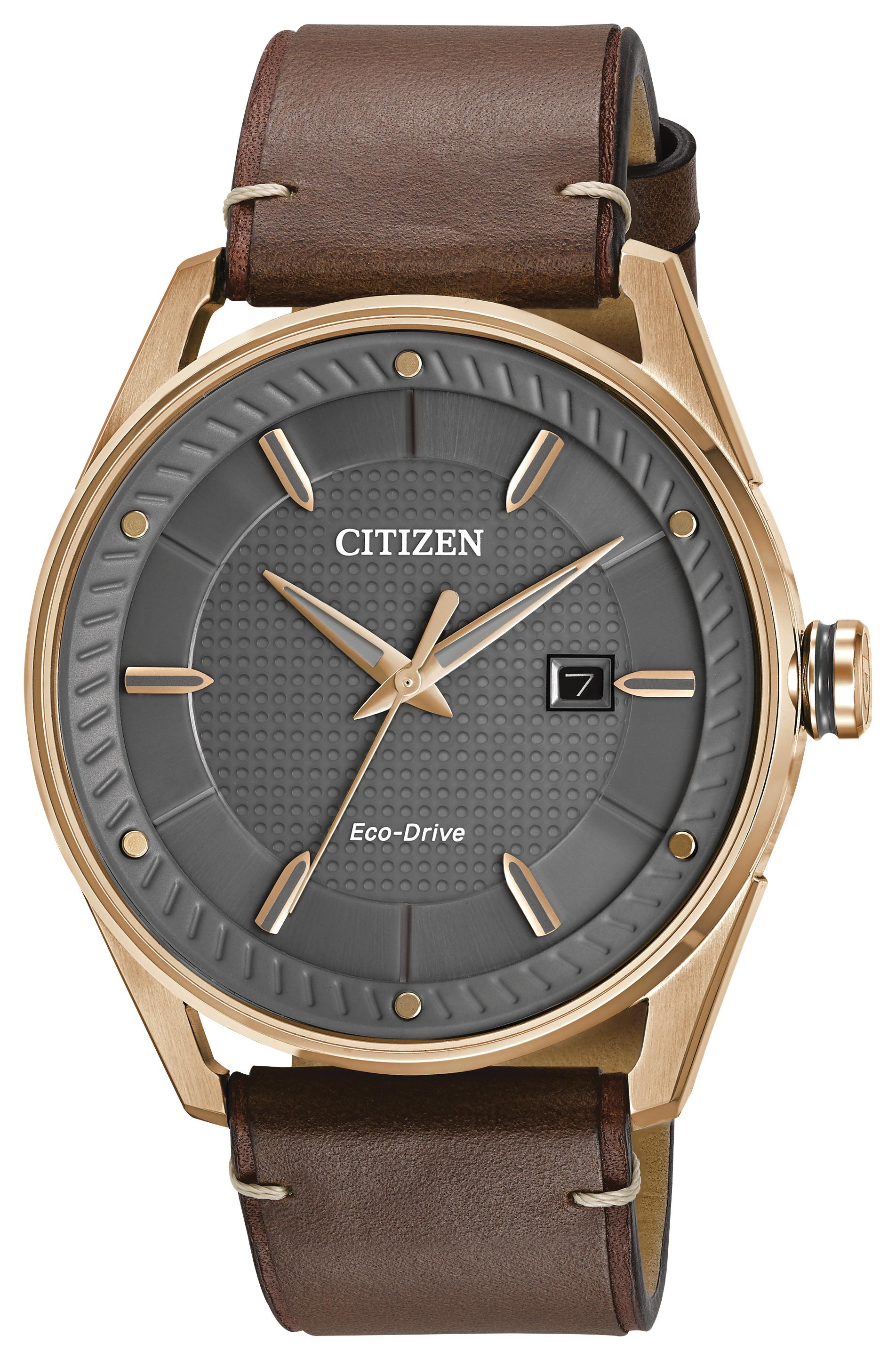 Men's Sport Casual Eco-Drive Leather Strap watch, Gray dial