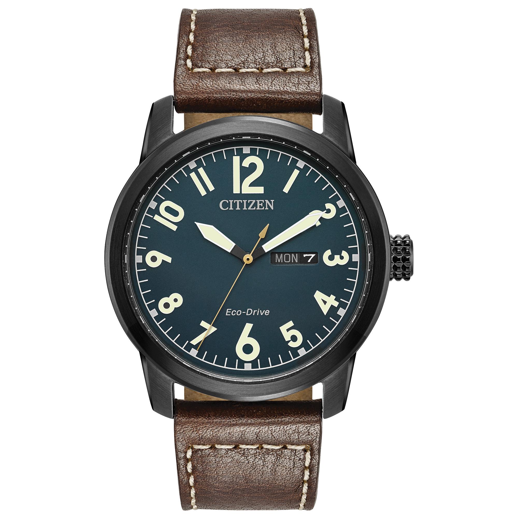 Men's Garrison Eco-Drive Leather Strap watch, Blue dial
