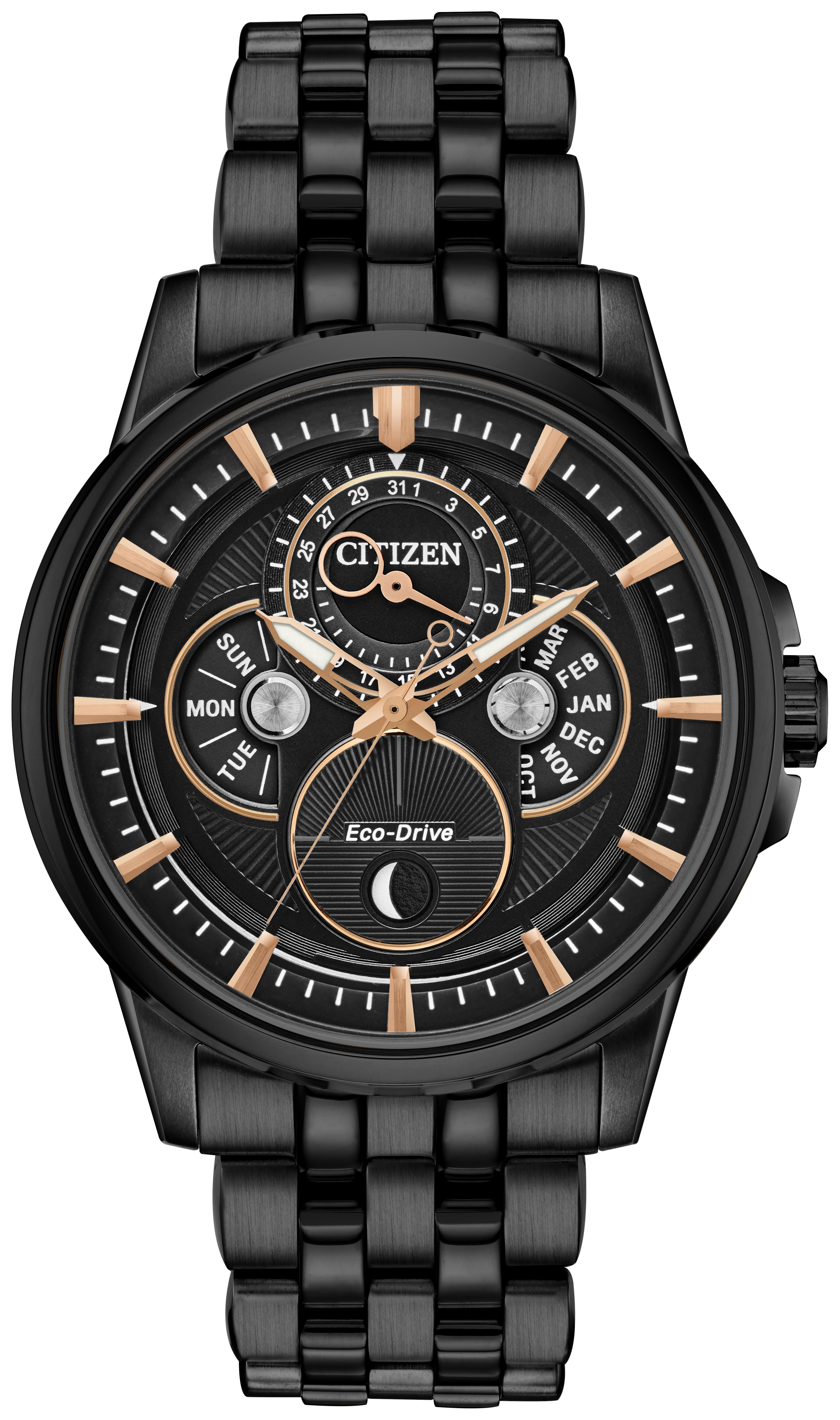 Men's Calendrier Eco-Drive Stainless Steel Bracelet watch, Black dial