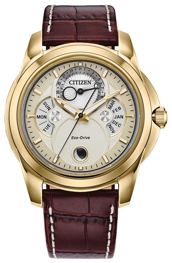 Men's Calendrier Eco-Drive Leather Strap watch, Champagne dial