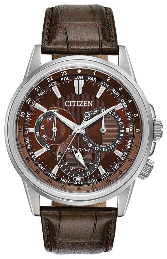 Men's Calendrier Eco-Drive Leather Strap watch, Brown dial