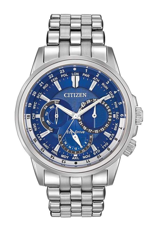 Men's Calendrier Eco-Drive Stainless Steel Bracelet watch, Blue dial