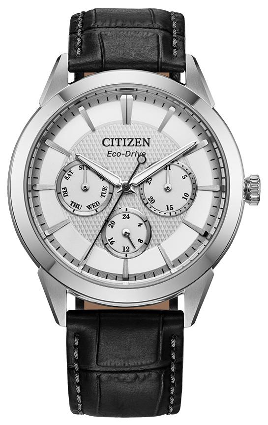 Men's Rolan Eco-Drive Leather Strap watch, Silver-Tone dial