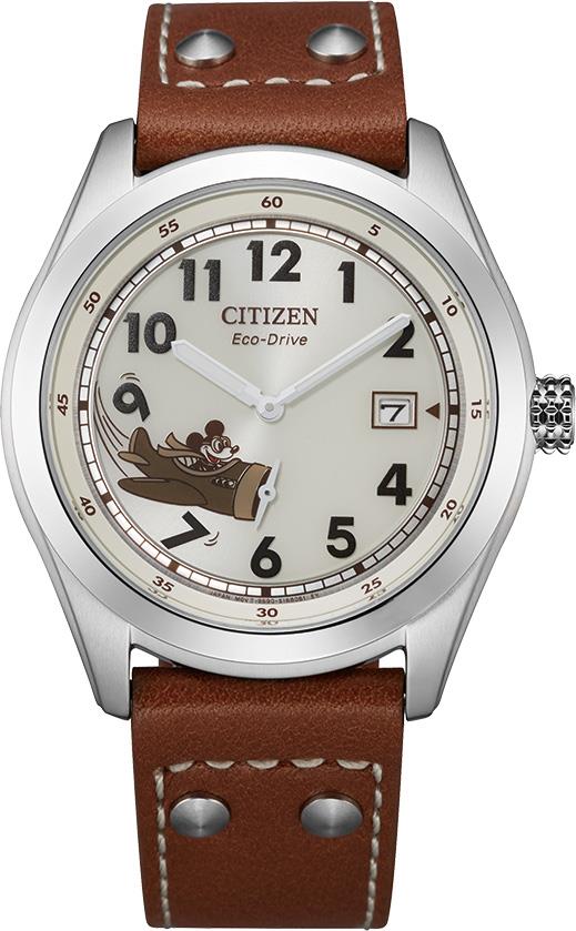 Men's Mickey Aviator Eco-Drive Tan Leather Strap Watch, Vintage Ivory Dial