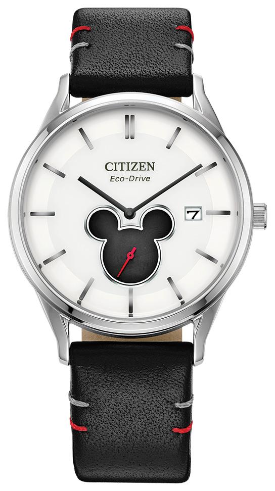 Unisex Mickey Mouse Black Leather Strap, Silver-White dial
