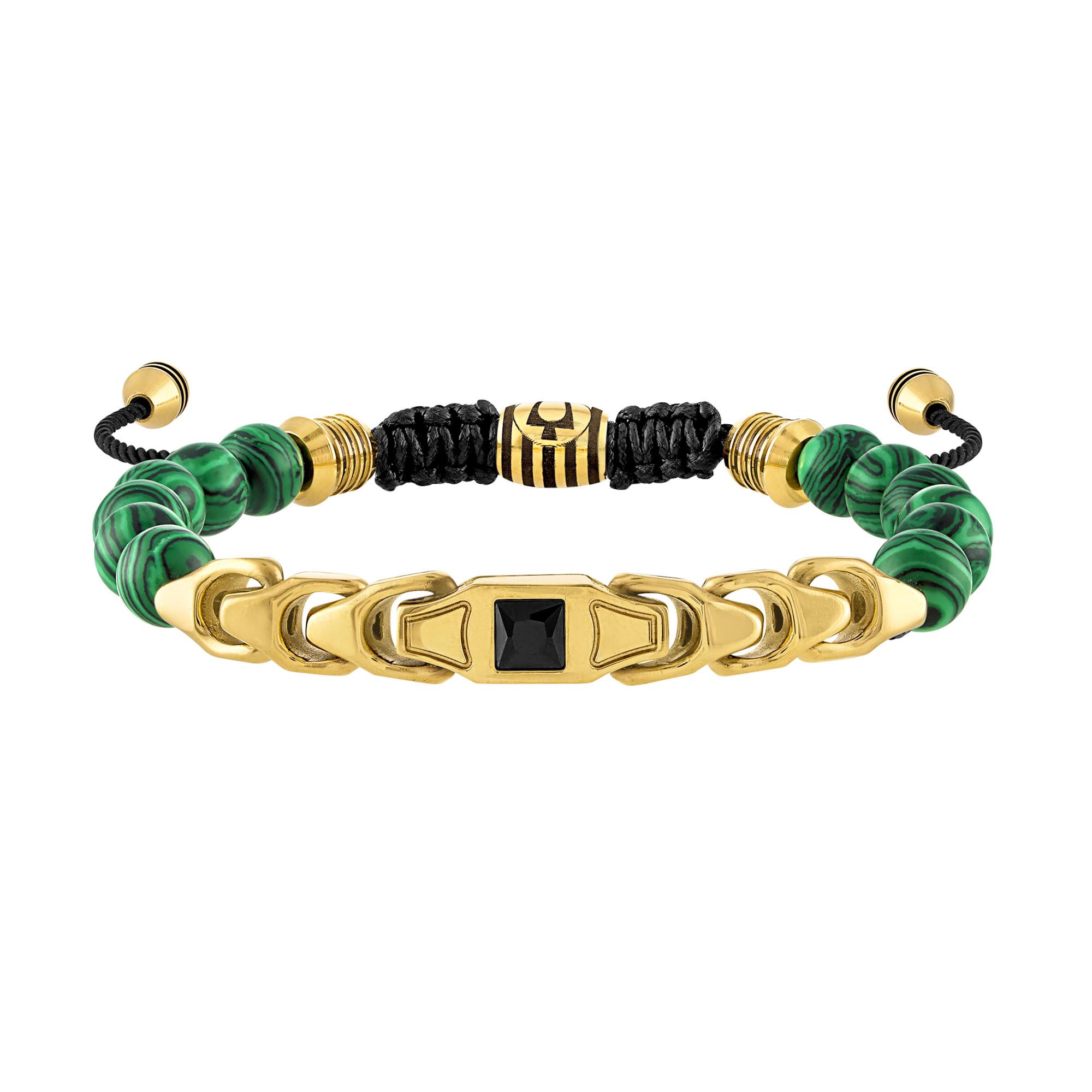 Classic Black Spinel & Malachite Beaded Bolo Bracelet w/ Gold-Tone Links