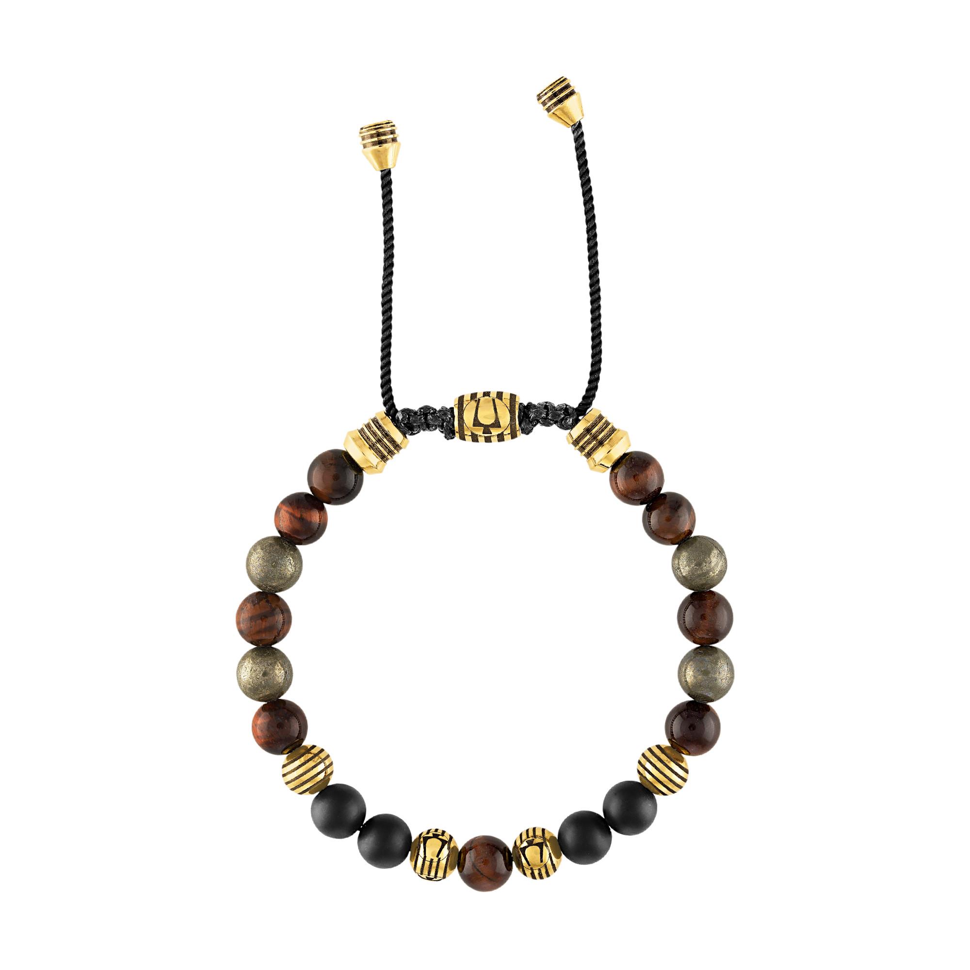Classic Black Onyx/Pyrite Beaded Gold-Tone Bolo Bracelet