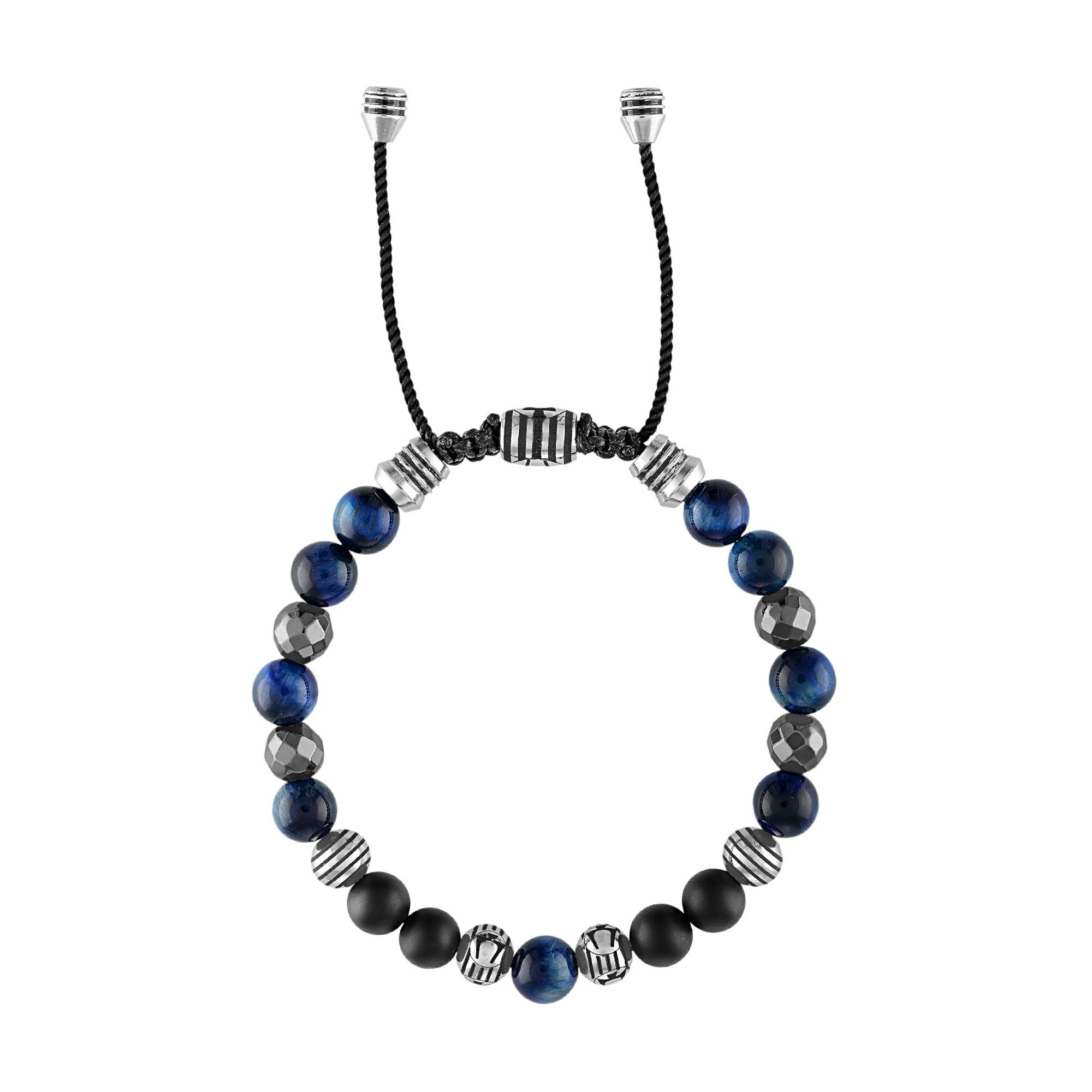 Classic Rare Blue Tiger's Eye/Black Onyx Beaded Silver-Tone Bolo Bracelet