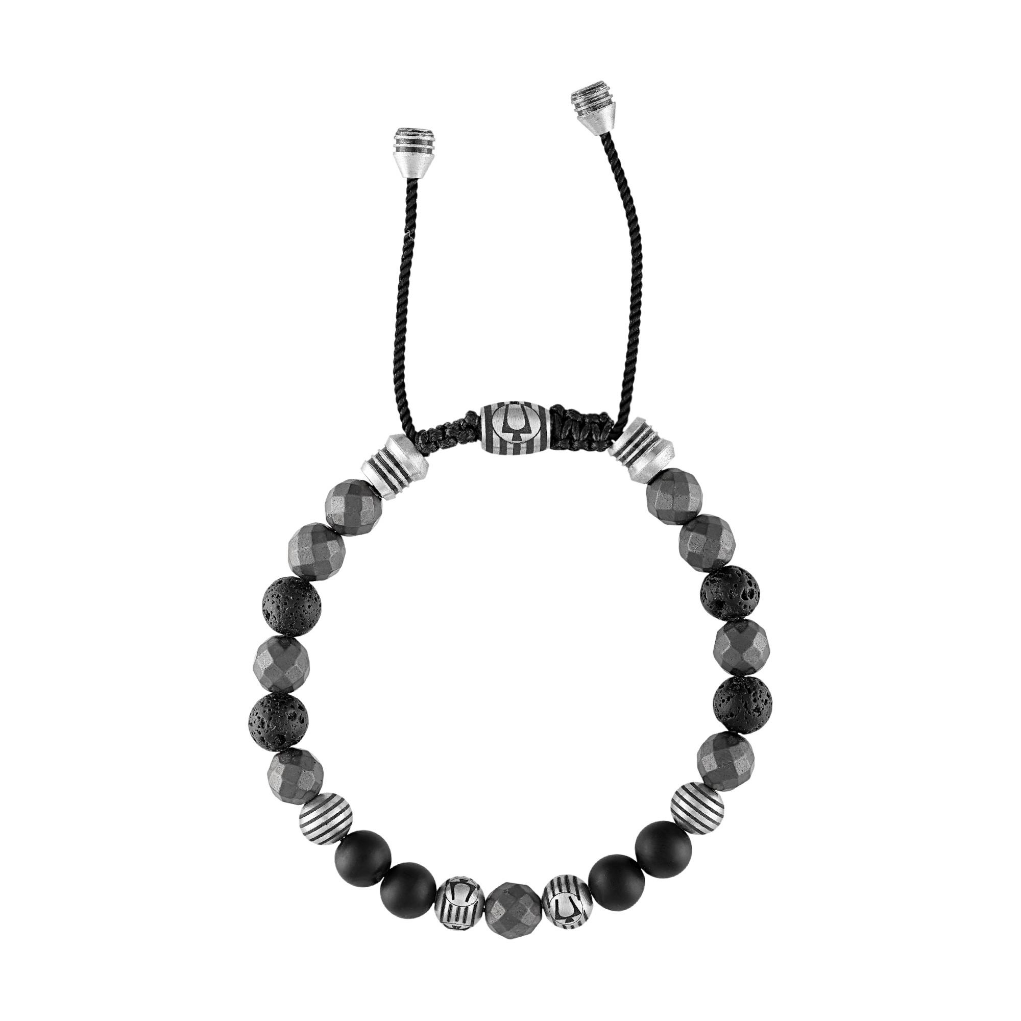 Classic Black Onyx/Hematite Spheres/Black Lava Beaded Silver-Tone Bolo Bracelet