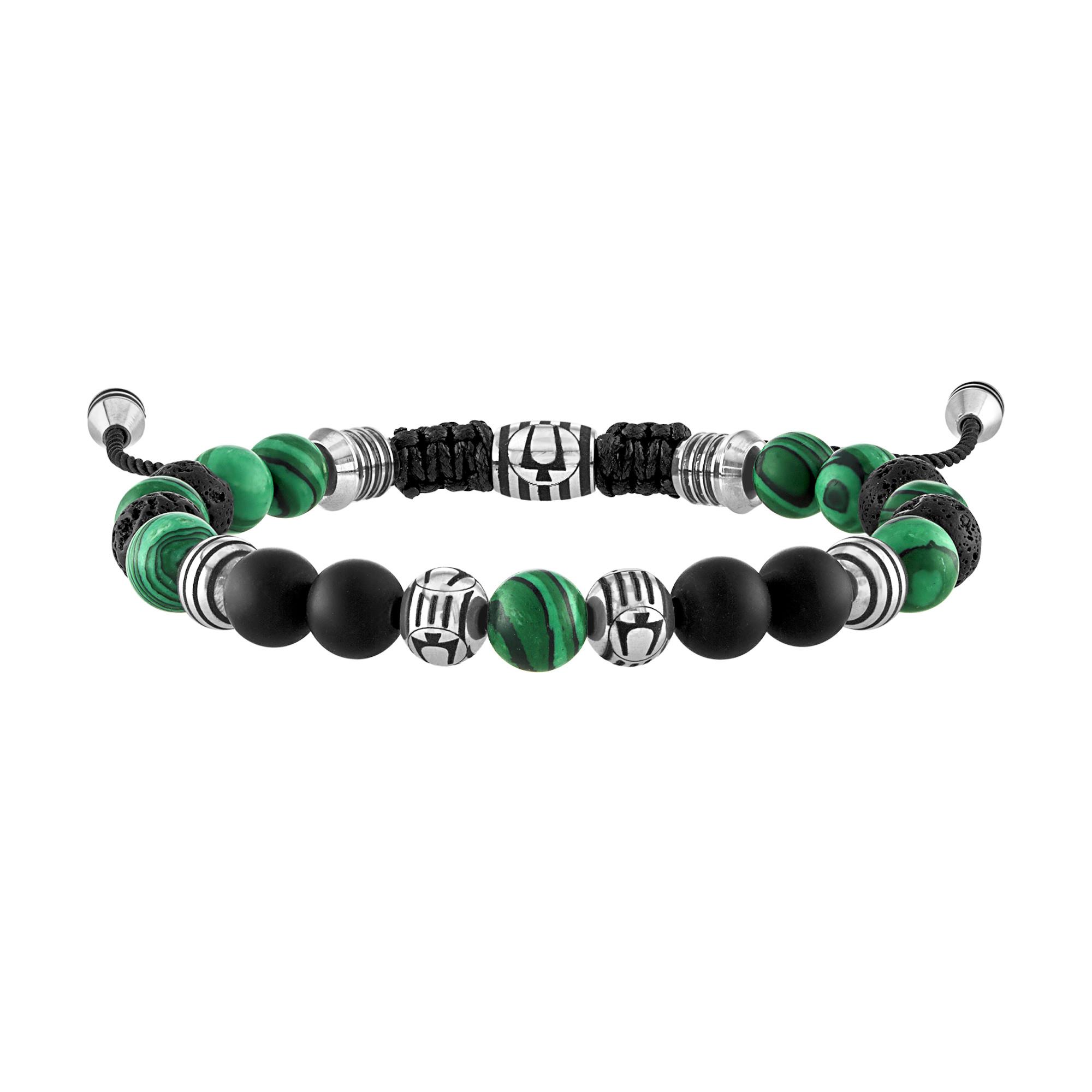 Classic Malachite/Black Onyx/Black Lava Beaded Silver-Tone Bolo Bracelet