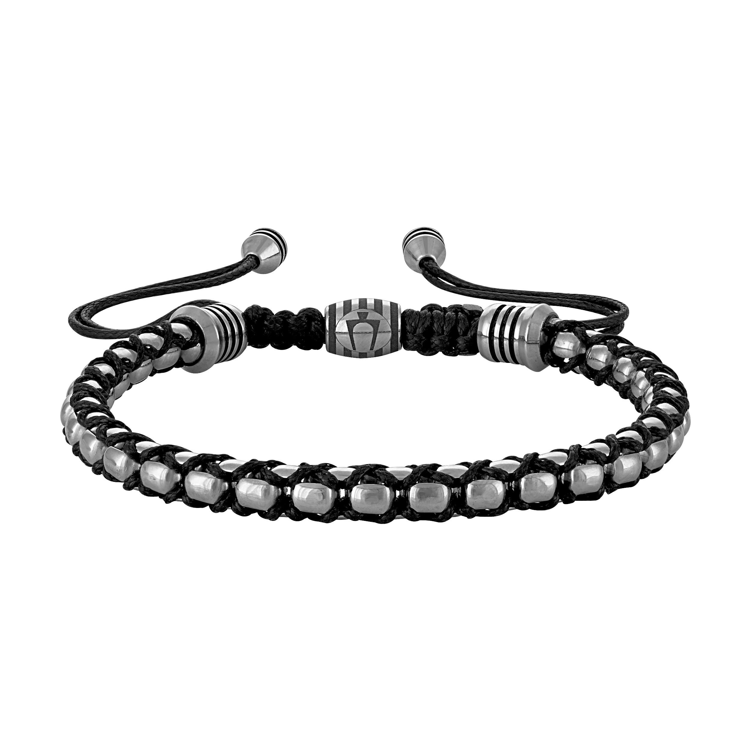 Icon Silver-Tone Box Chain Links/Black Cord Bolo Bracelet, adjustable