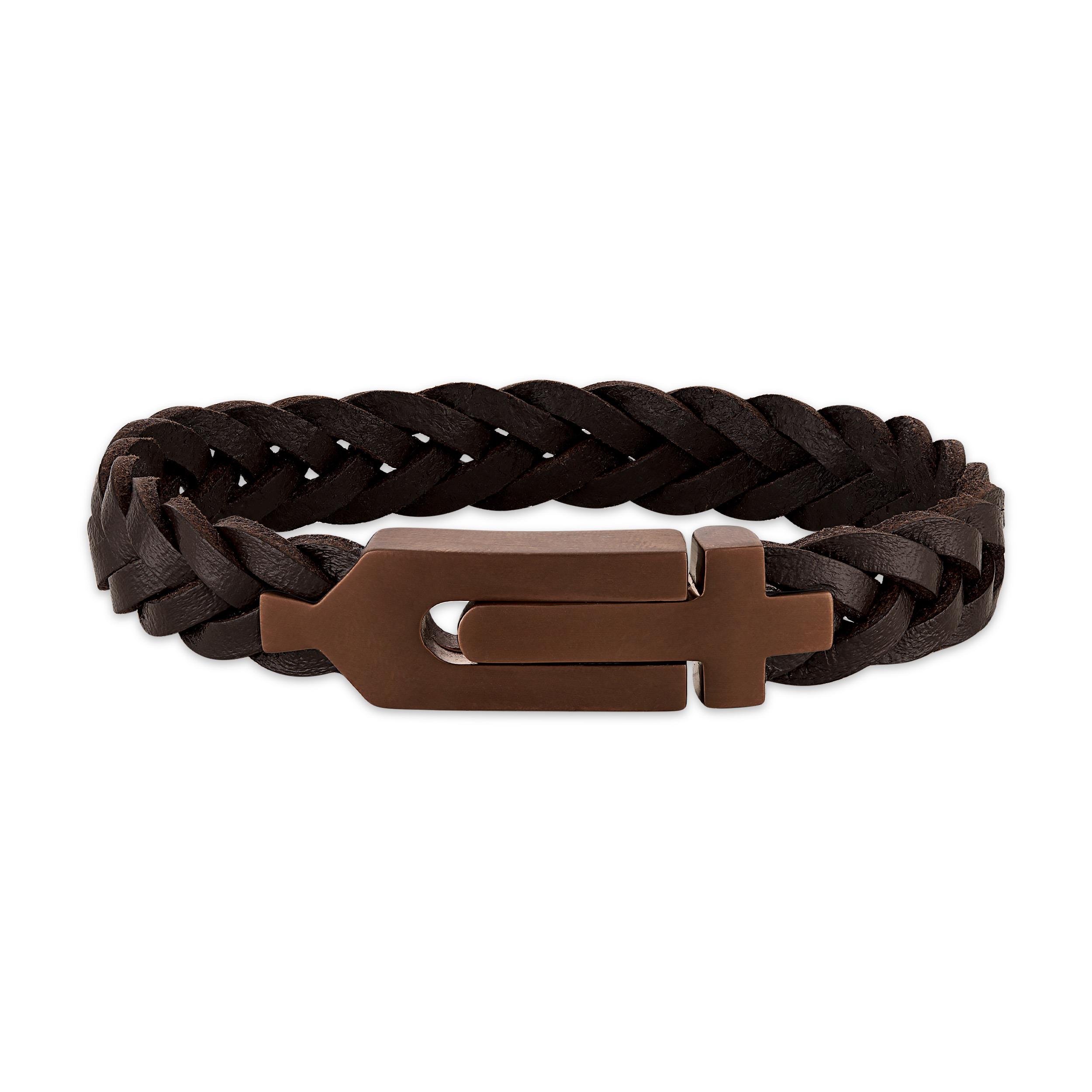 Marine Star, Cross/Tuning Fork, Braided Brown Leather Bracelet, 8"