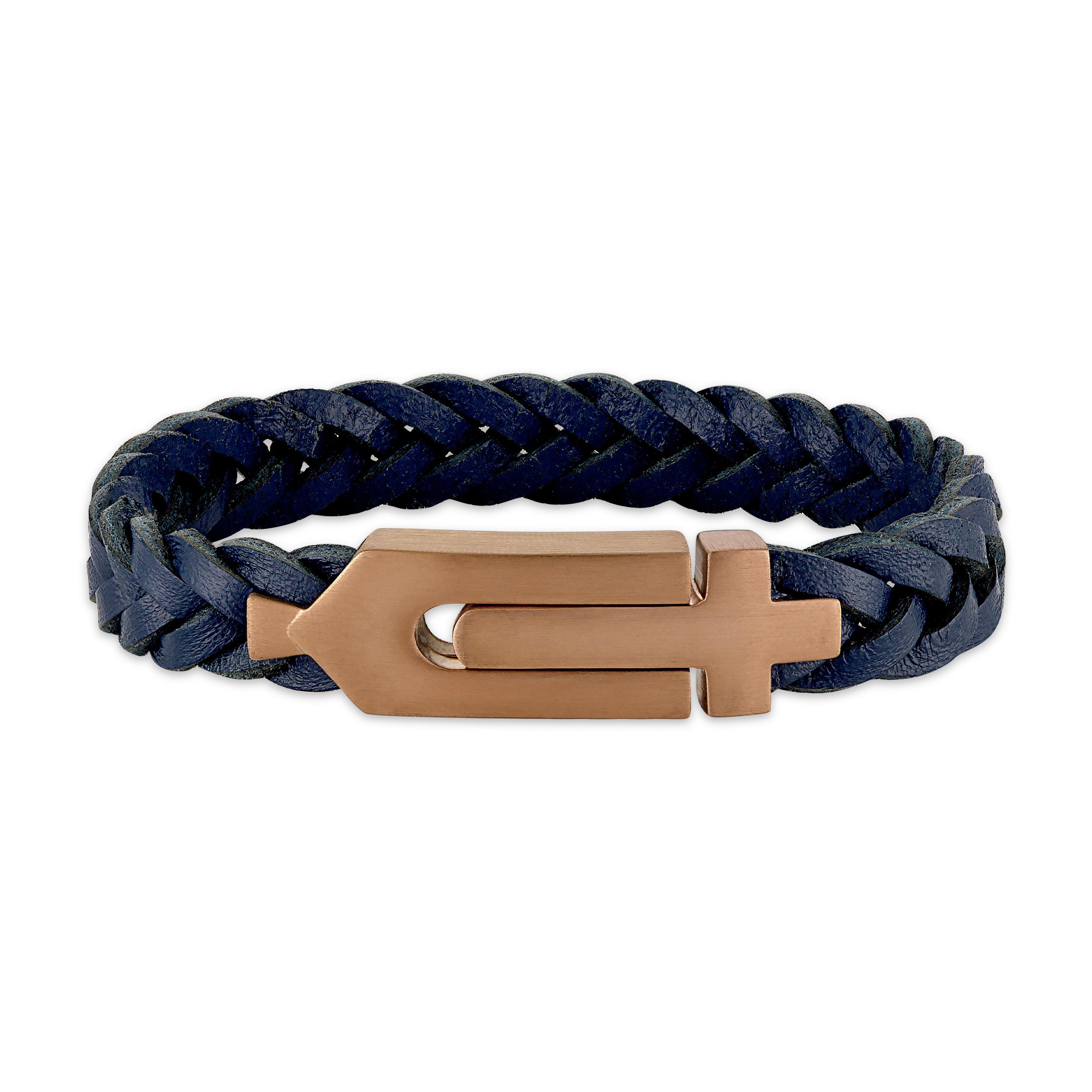 Marine Star, Cross/Tuning Fork, Braided Navy Blue Leather Bracelet, 8"