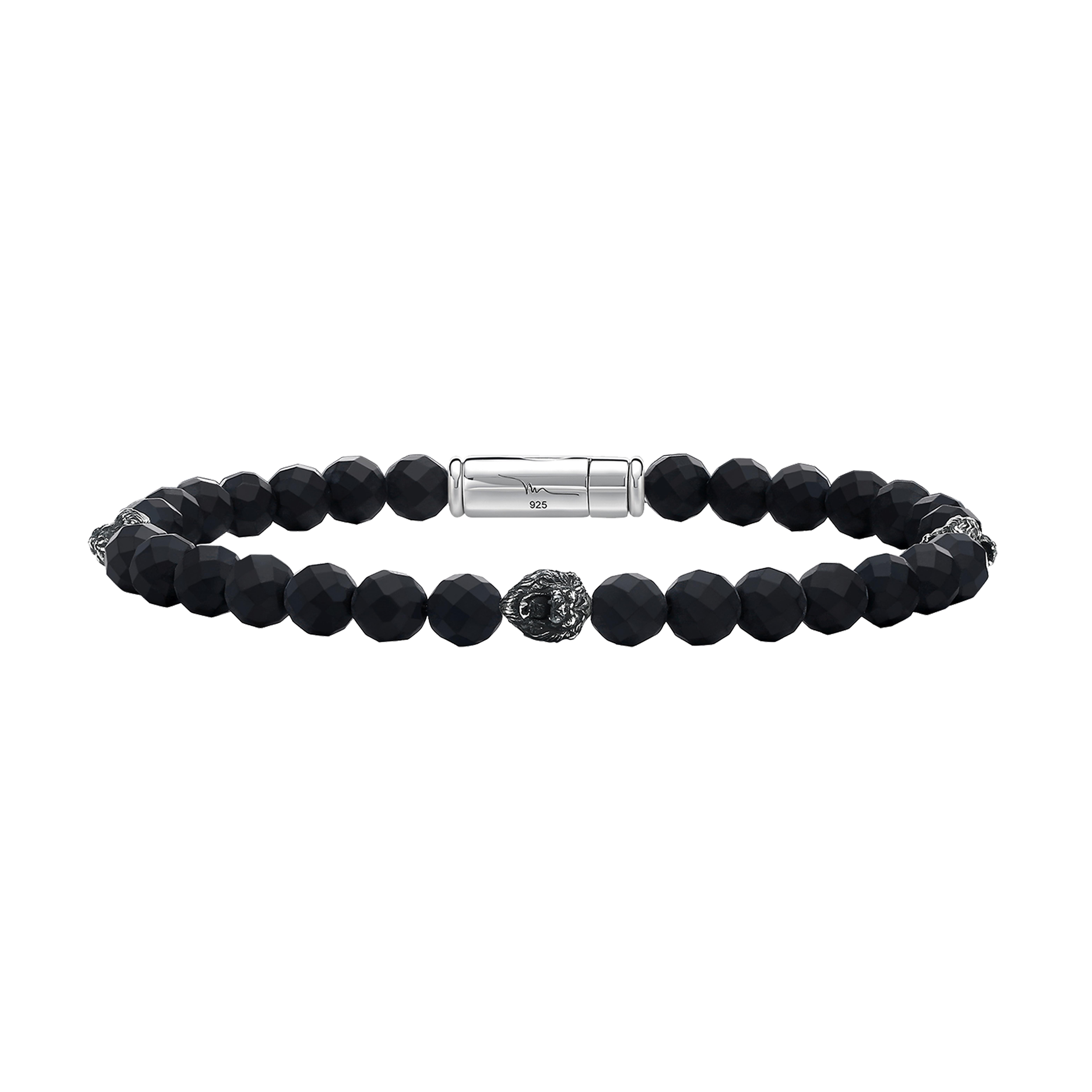 Mark Anthony Lions Head Black Onyx & Sterling Silver Beaded Bracelet 8.5"