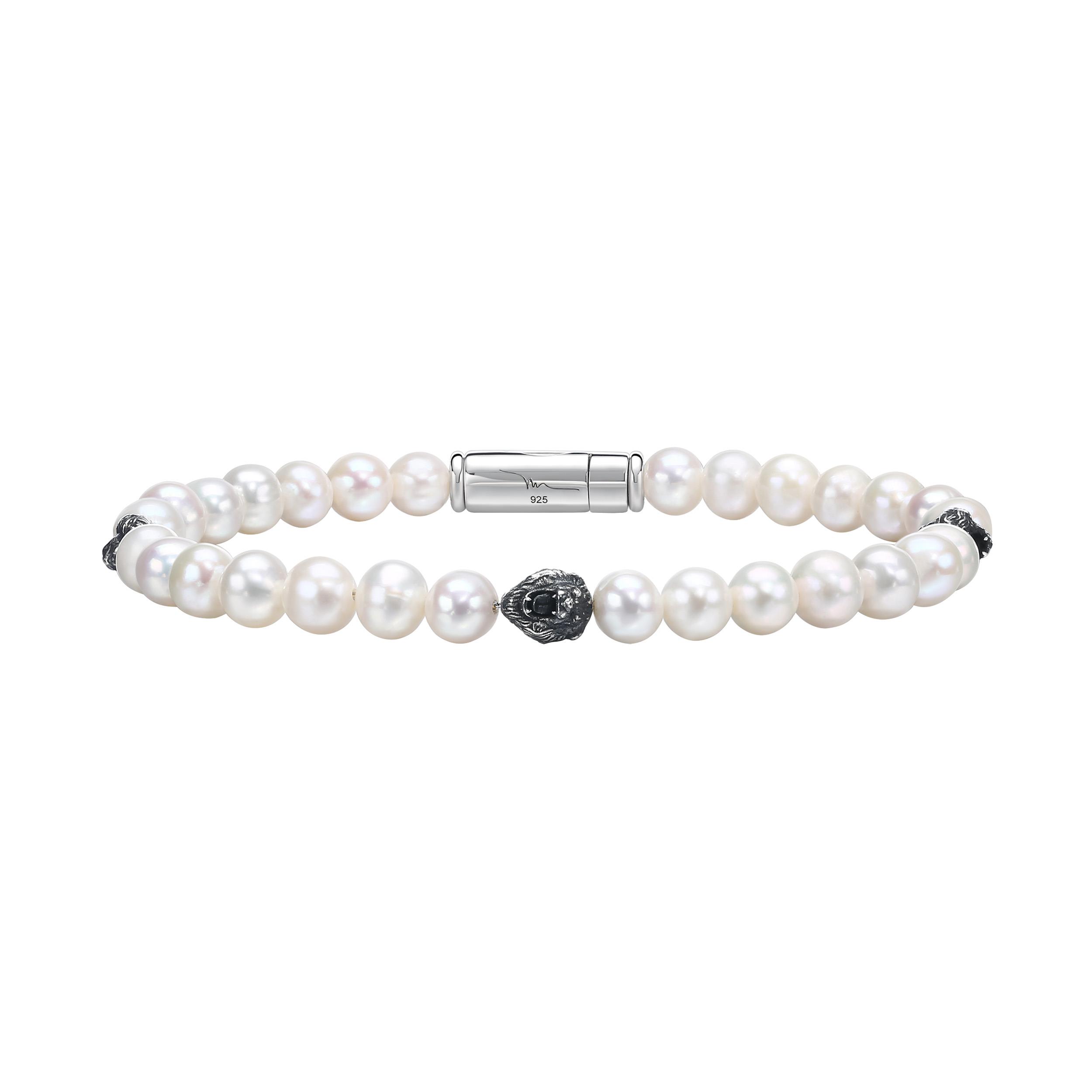 Mark Anthony Lions Head Pearl & Sterling Silver Beaded Bracelet 8.5"