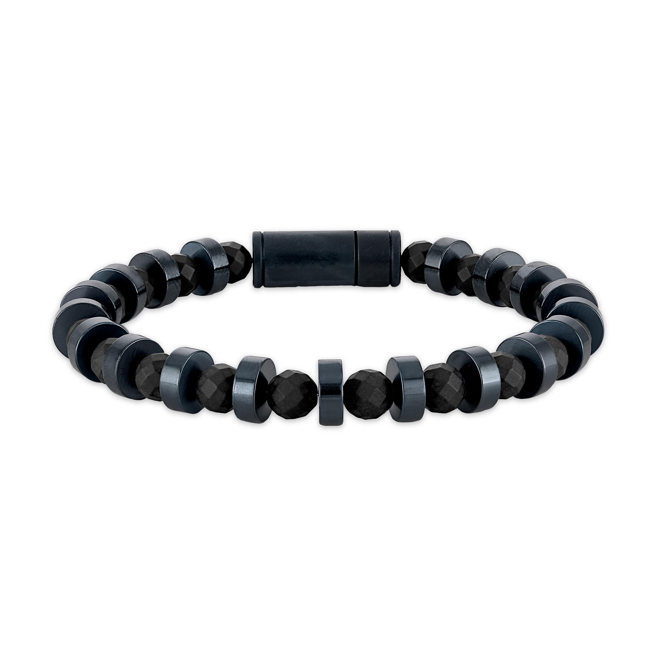 Marine Star, Navy Steel Discs/Black Onyx Beaded Bracelet, 8"