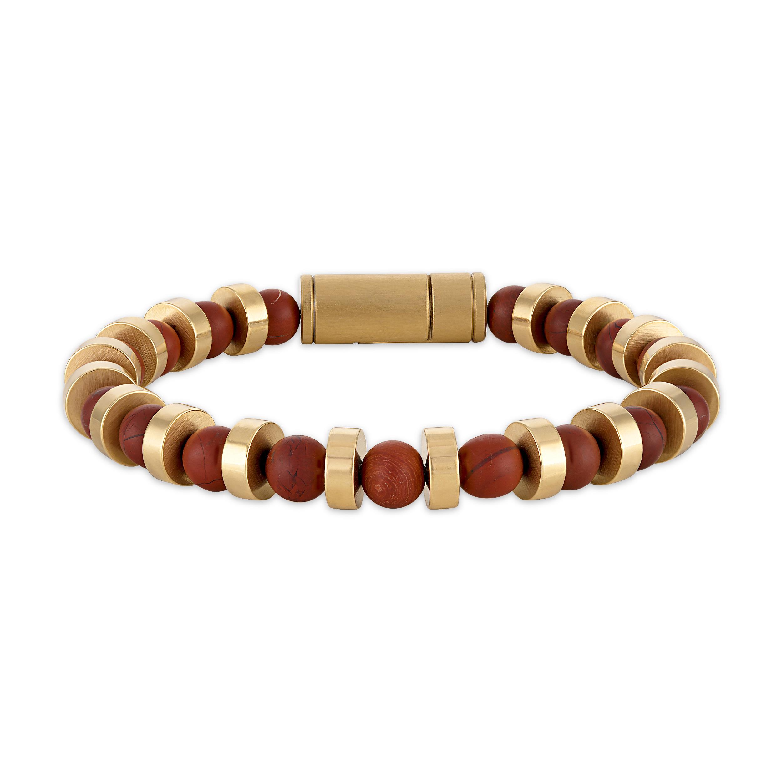 Marine Star,  Gold-tone Steel Discs/Red Jasper Beaded Bracelet, 8"