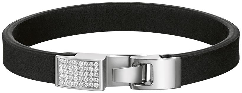 Marine Star Bracelet Black Leather & Stainless Steel Bracelet with White Topaz, 8.5"