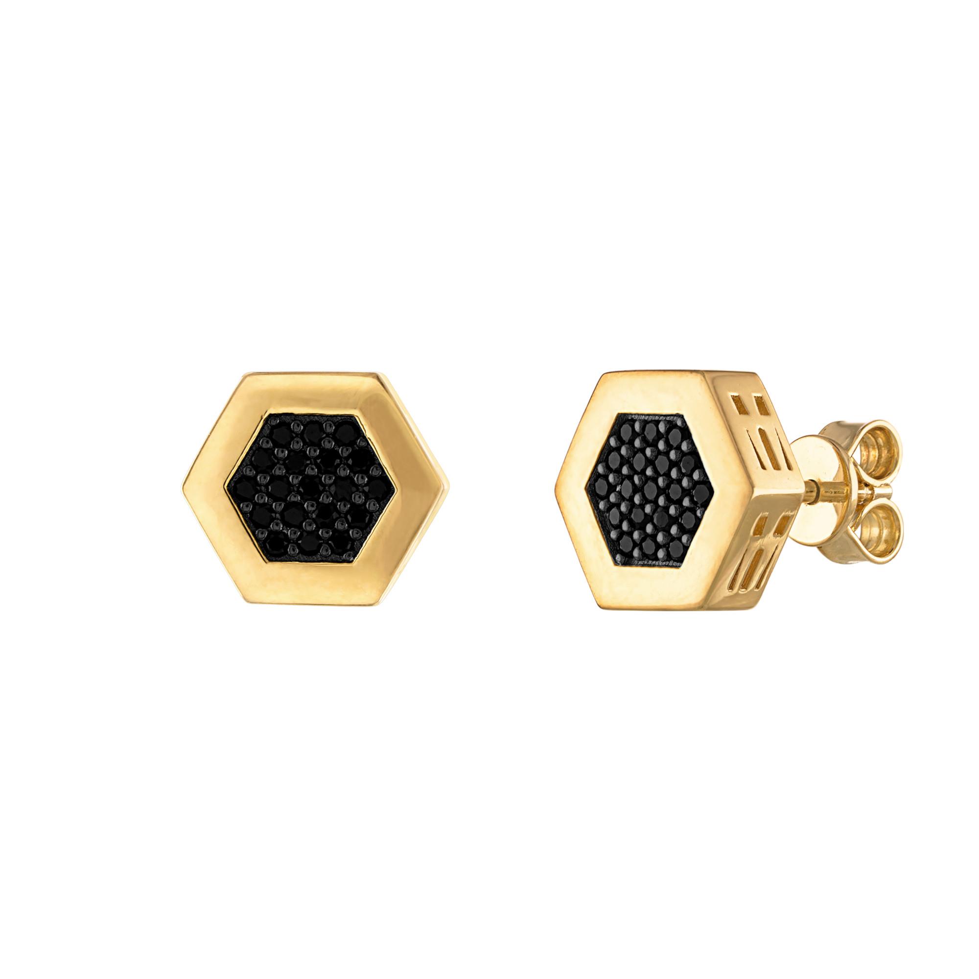 Icon, Black Diamonds/14K Gold-plated Sterling silver Hexagon Earrings, 10mm
