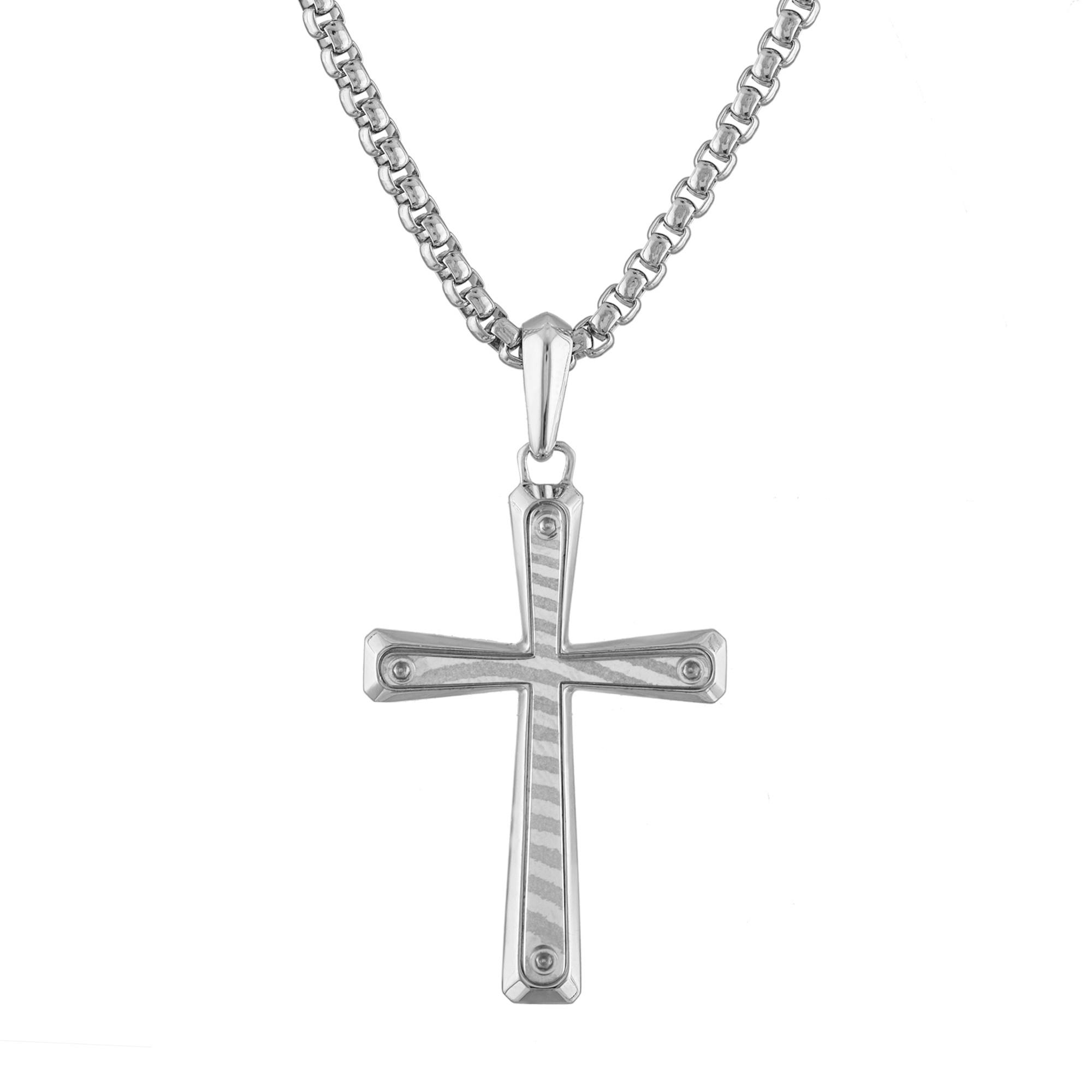 Icon, Sterling Silver, Damascus Steel inlay Cross Pendant, 24"-26"