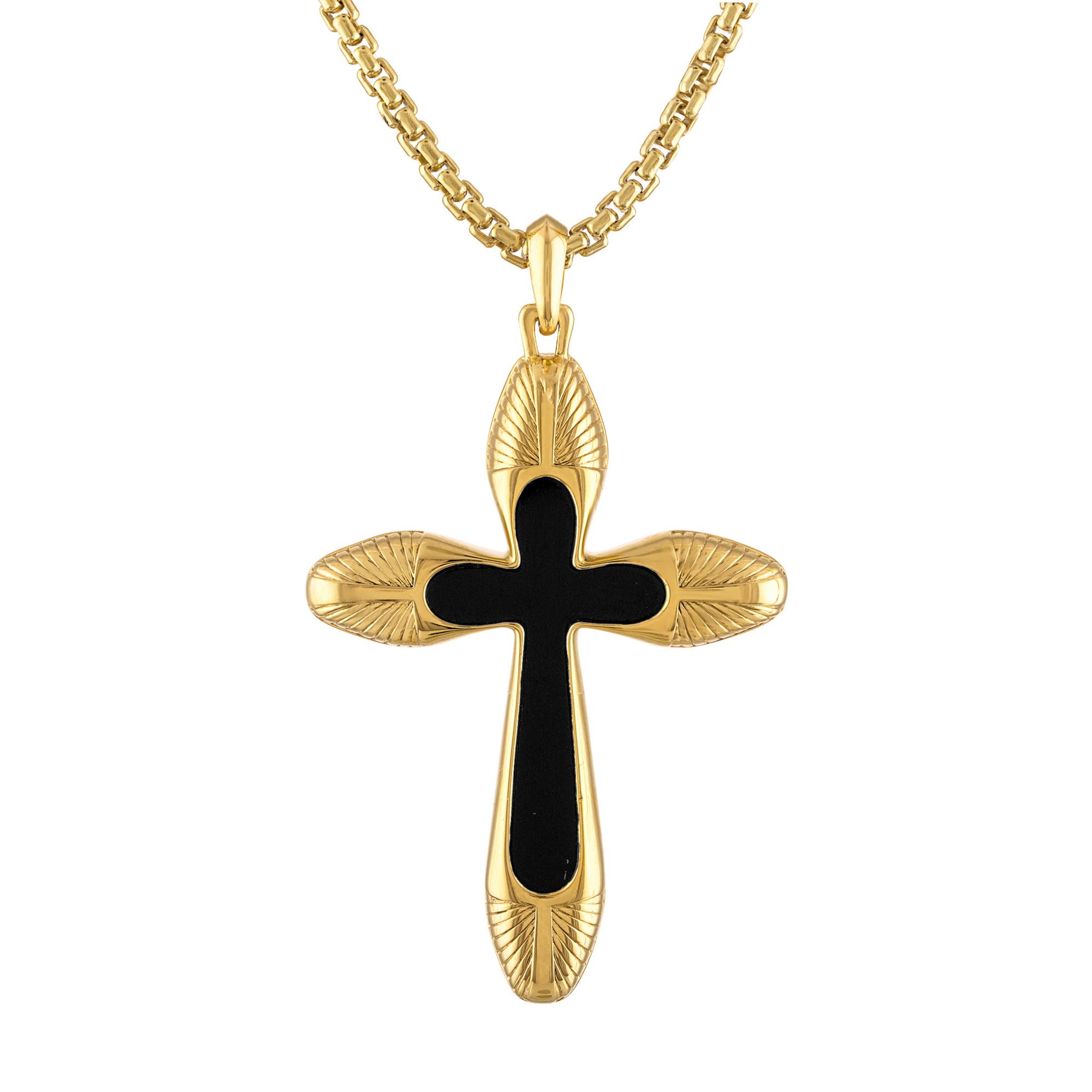 Icon, 14K Gold-plated Sterling Silver/ Black Agate inlay Cross Pendant, 24"-26"
