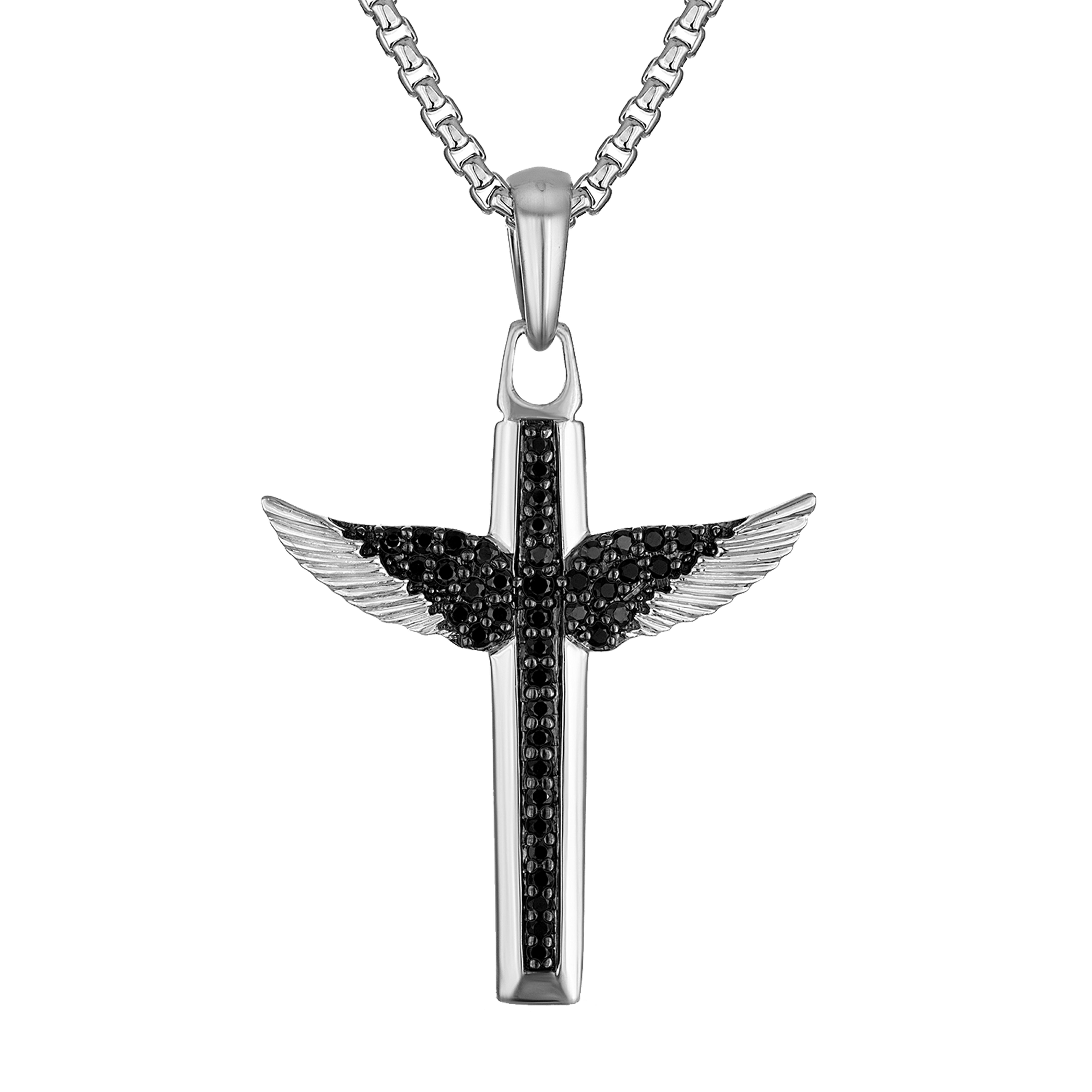 Marc Anthony's Winged Cross, Sterling Silver/Black Diamonds Pendant, 24"-26"