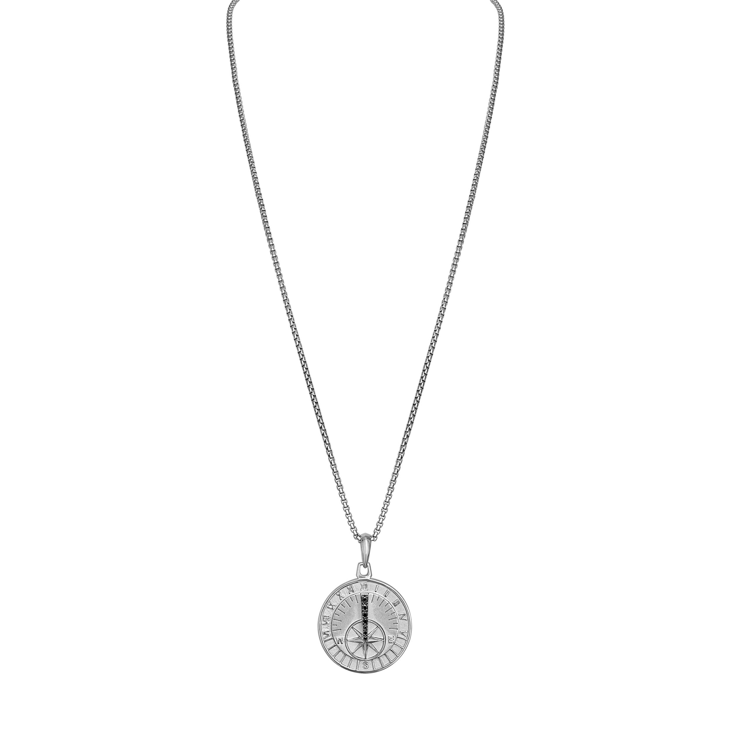 Classic Three-dimensional Sundial, Sterling Silver/Black Diamonds Pendant, 24"-26"