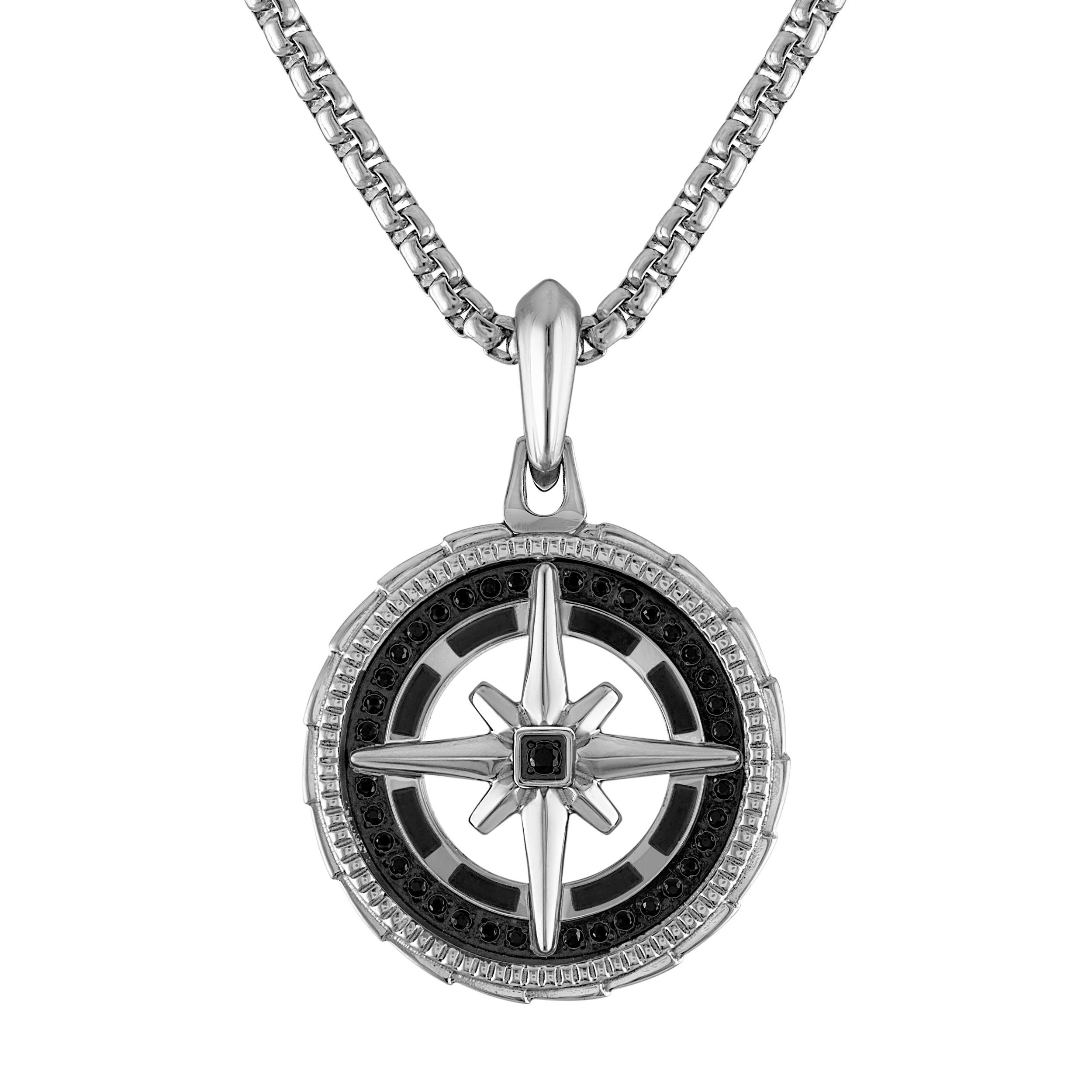 Marine Star, Compass-inspired, Stainless Steel/Black Diamonds Pendant, 24"-26"