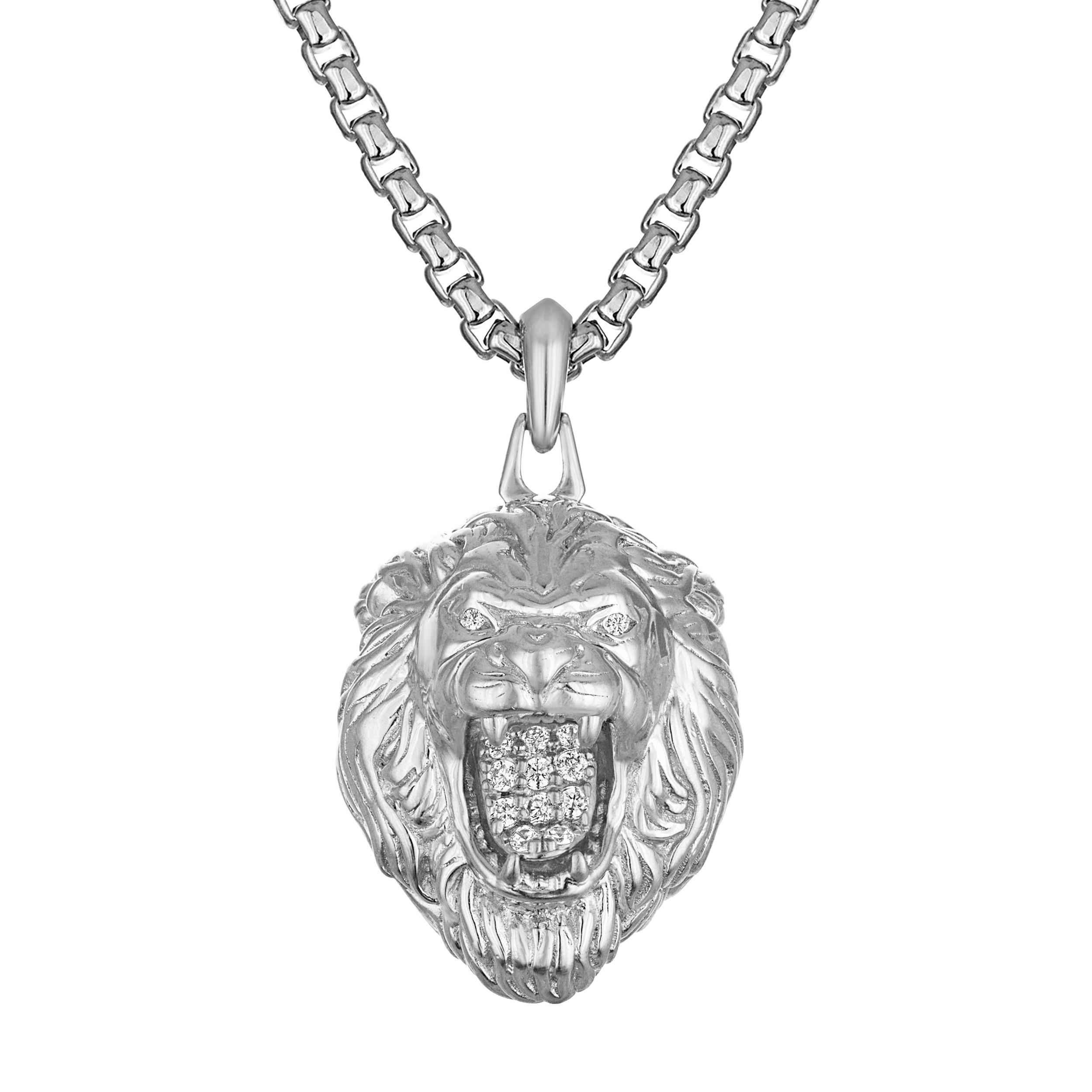 Marc Anthony Sterling Silver & White Diamond Small Lion Head Necklace 24"-26"
