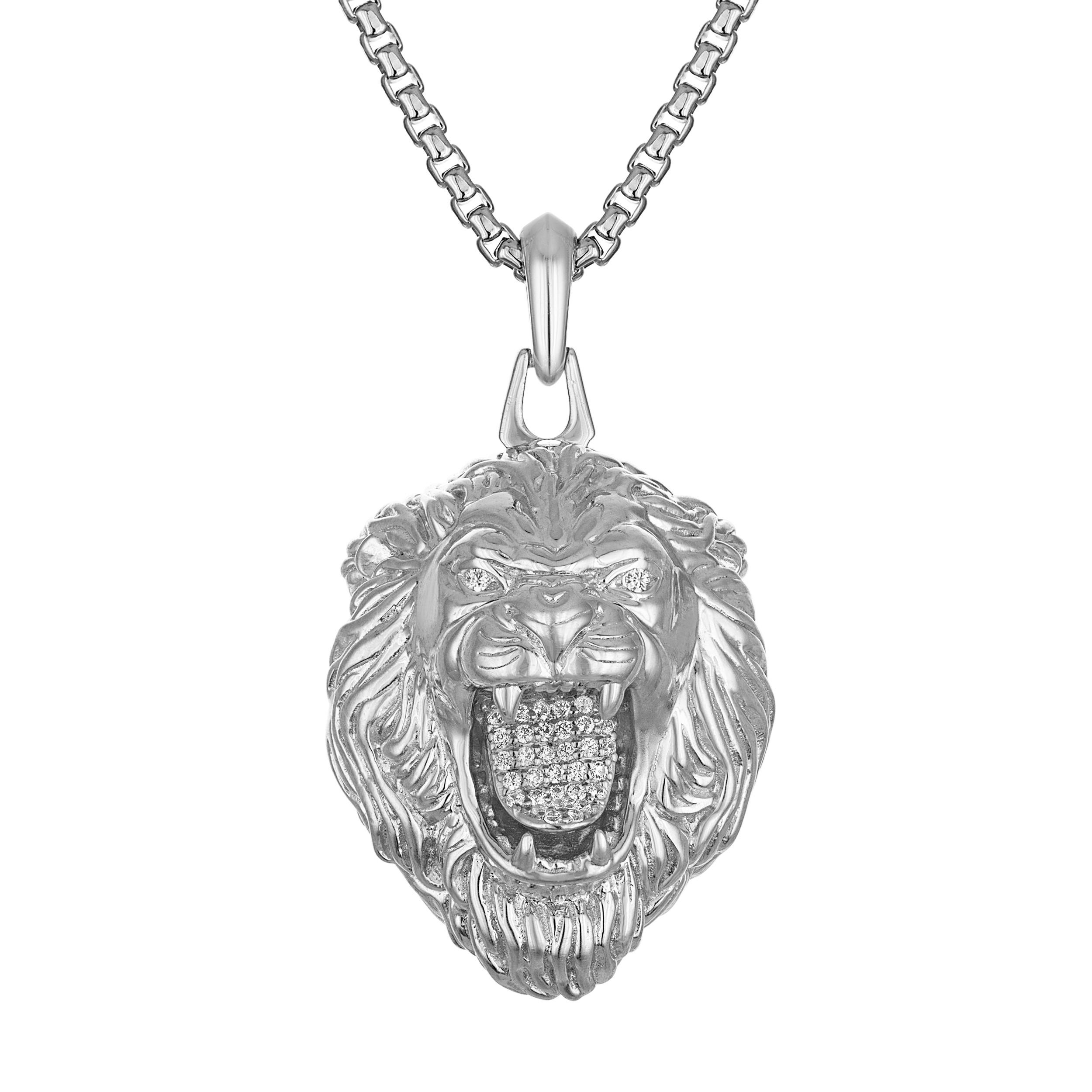 Marc Anthony Sterling Silver & White Diamond Large Lion Head Necklace 24"-26"