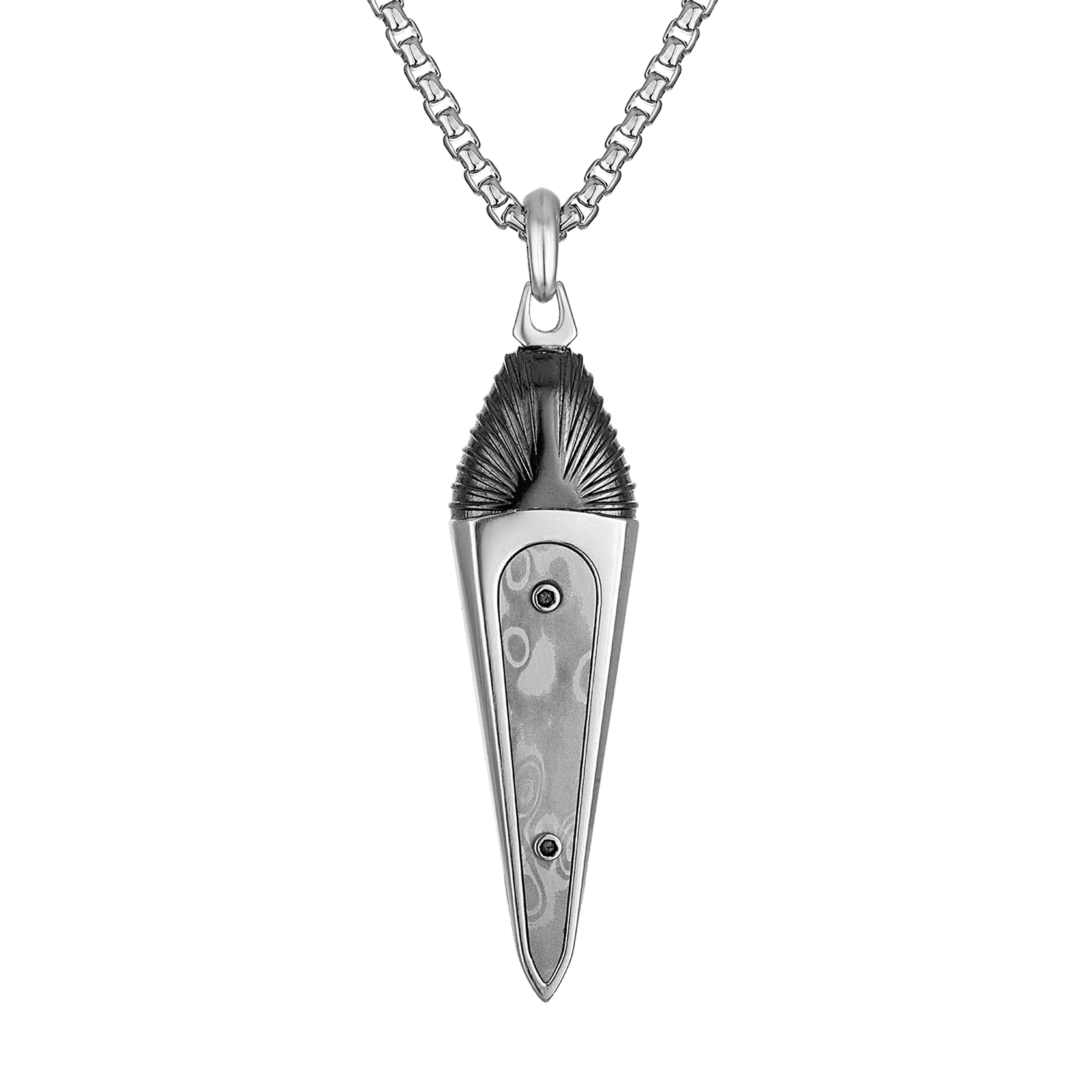 Marc Anthony's Dagger-shaped Damascus steel inlay Amulet, Sterling Sil/Blk Rhodium Pendant, 24"-26"