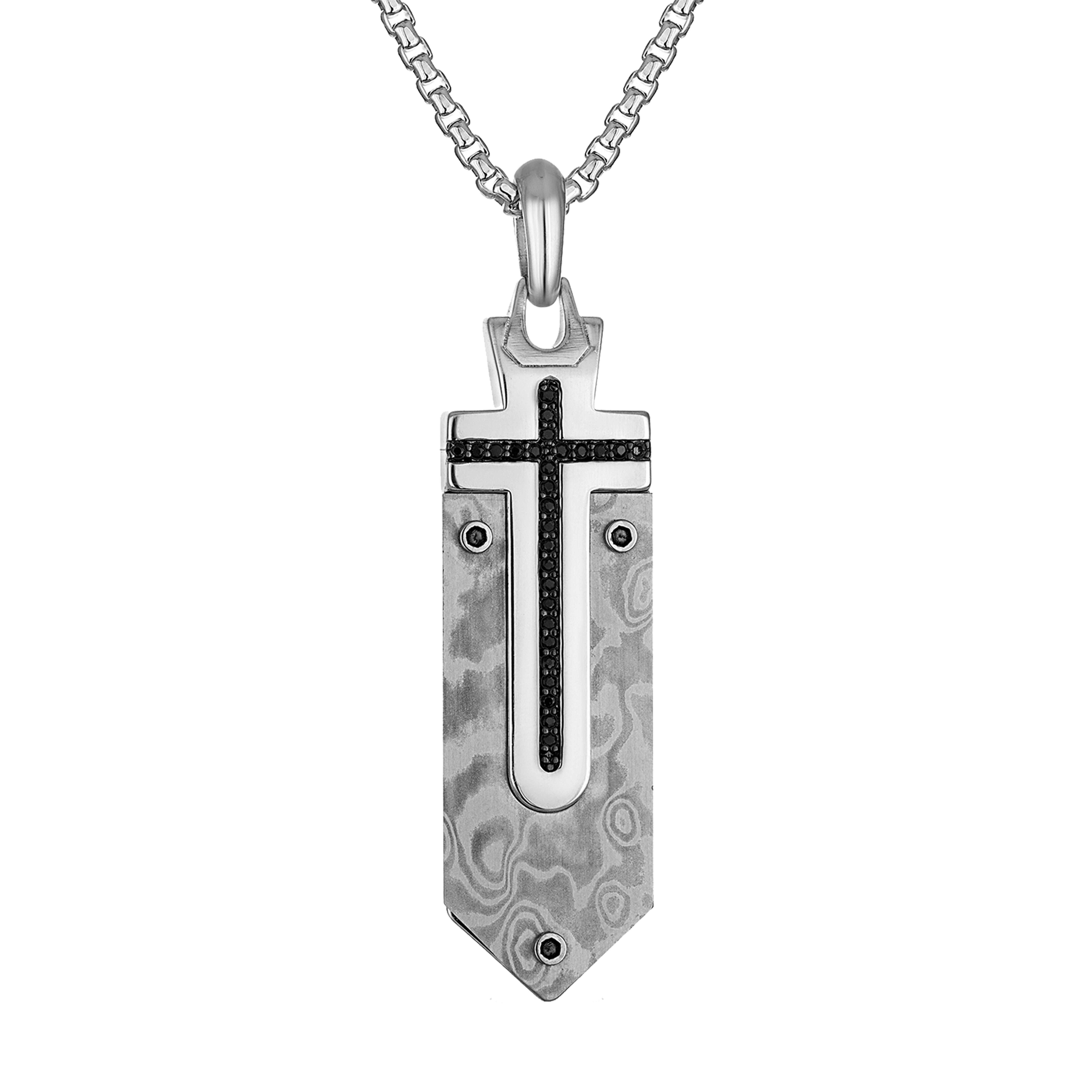 Marc Anthony's Cross inlaid Damascus Steel, Sterling Silver/Black Diamonds Pendant, 24"-26"
