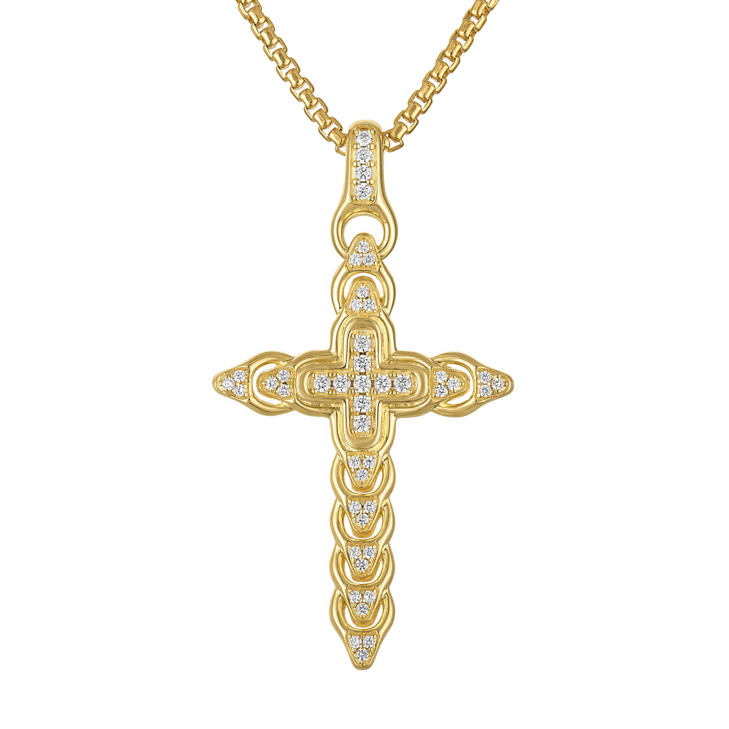 Bulova Link 14K Gold Sterling Silver & White Diamond Cross Necklace 24"-26"