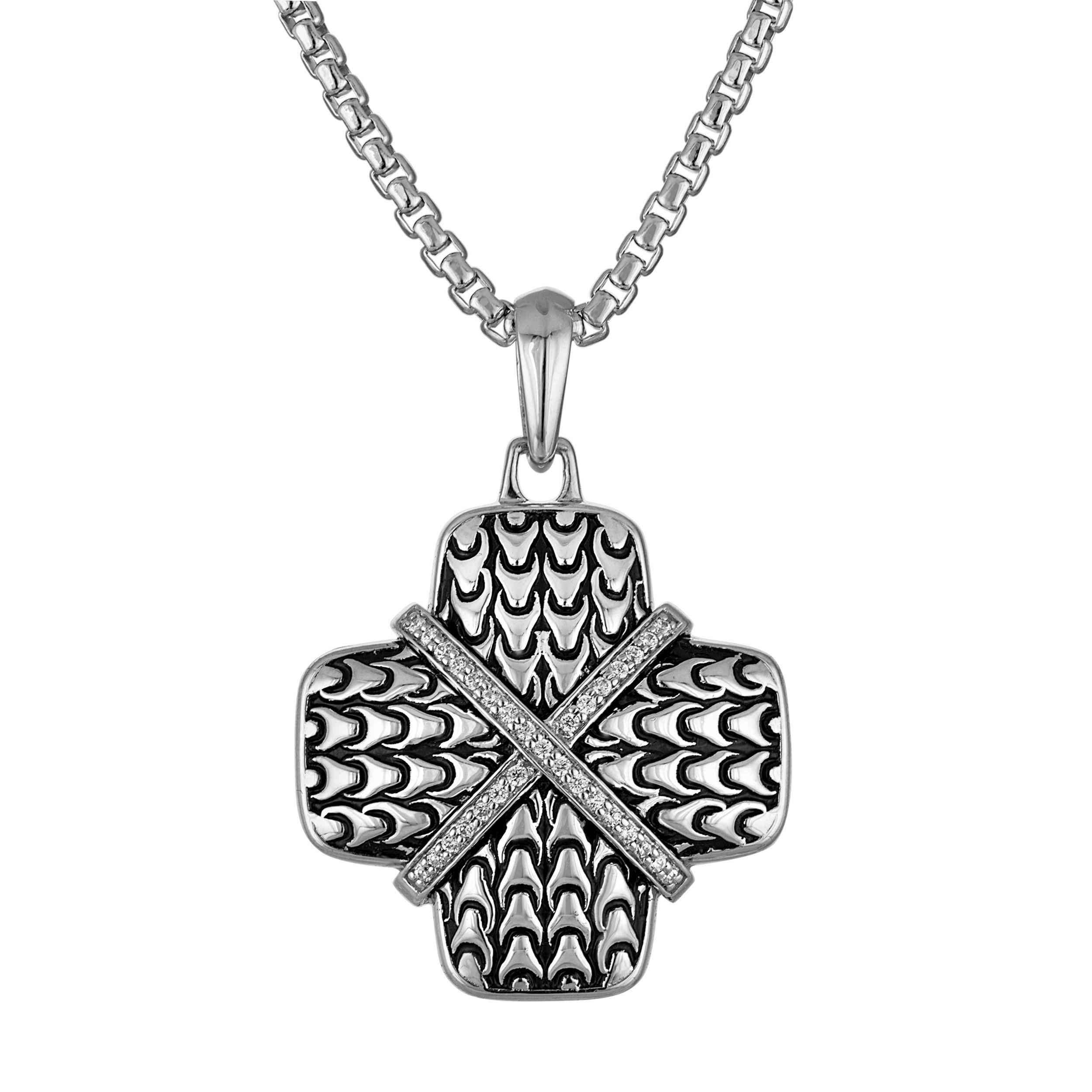 Bulova Link(tm) Cross hatched Cross in Sterling Silver/White Diamonds Pendant, 24"-26"