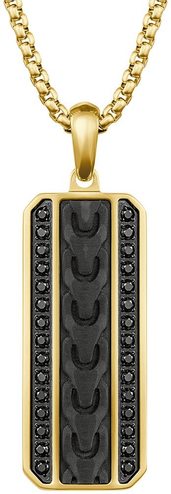 Pendant Yellow IP Stainless Steel Black Spinel & Carbon Fiber Dog Tag Pendant Necklace, 24" + 2"