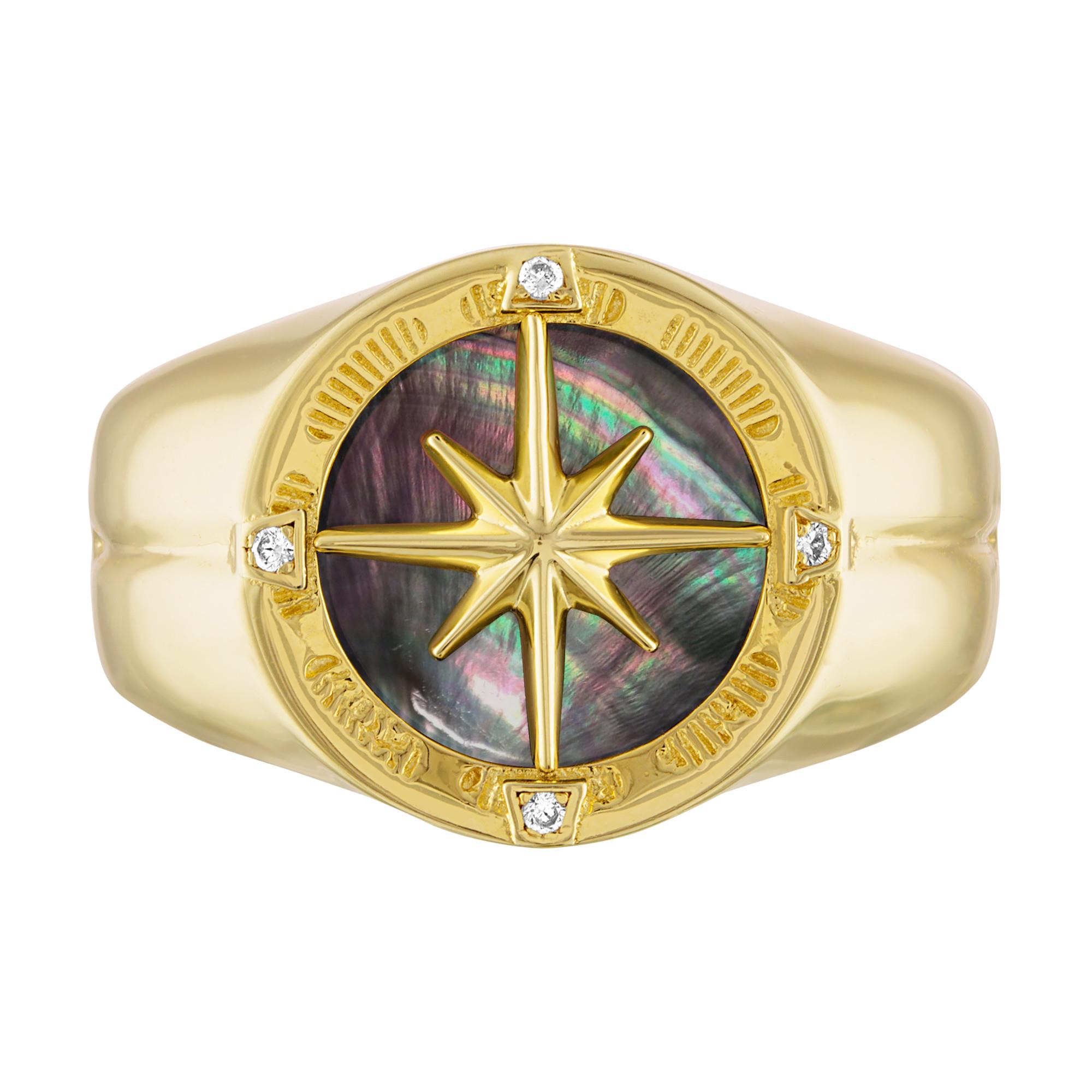 Marine Star, Compass/Clock, 14K Gold-plated Sterling Silver/Black mother-of pearl/Diamond Ring, 10