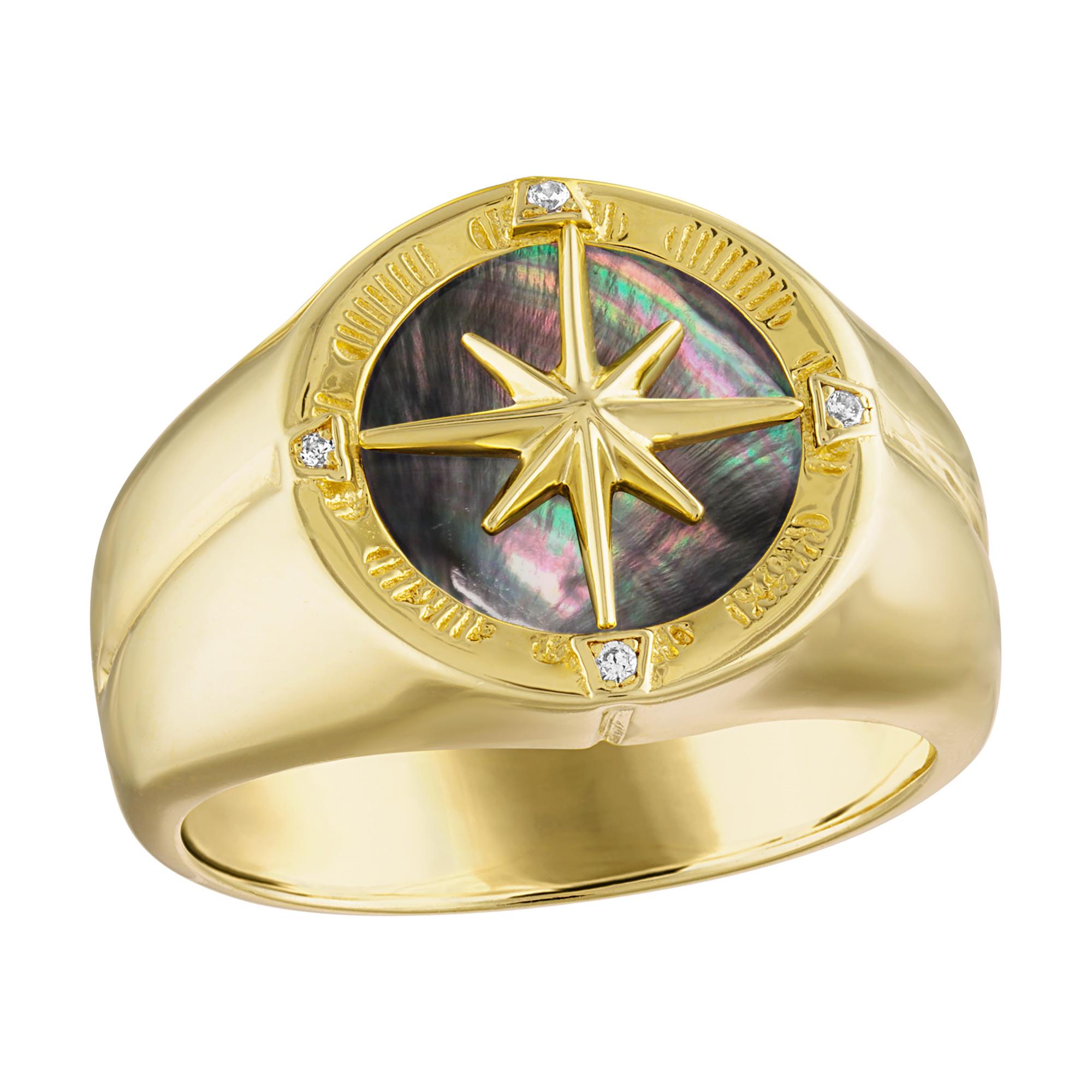 Marine Star, Compass/Clock, 14K Gold-plated Sterling Silver/Black mother-of pearl/Diamond Ring, 12