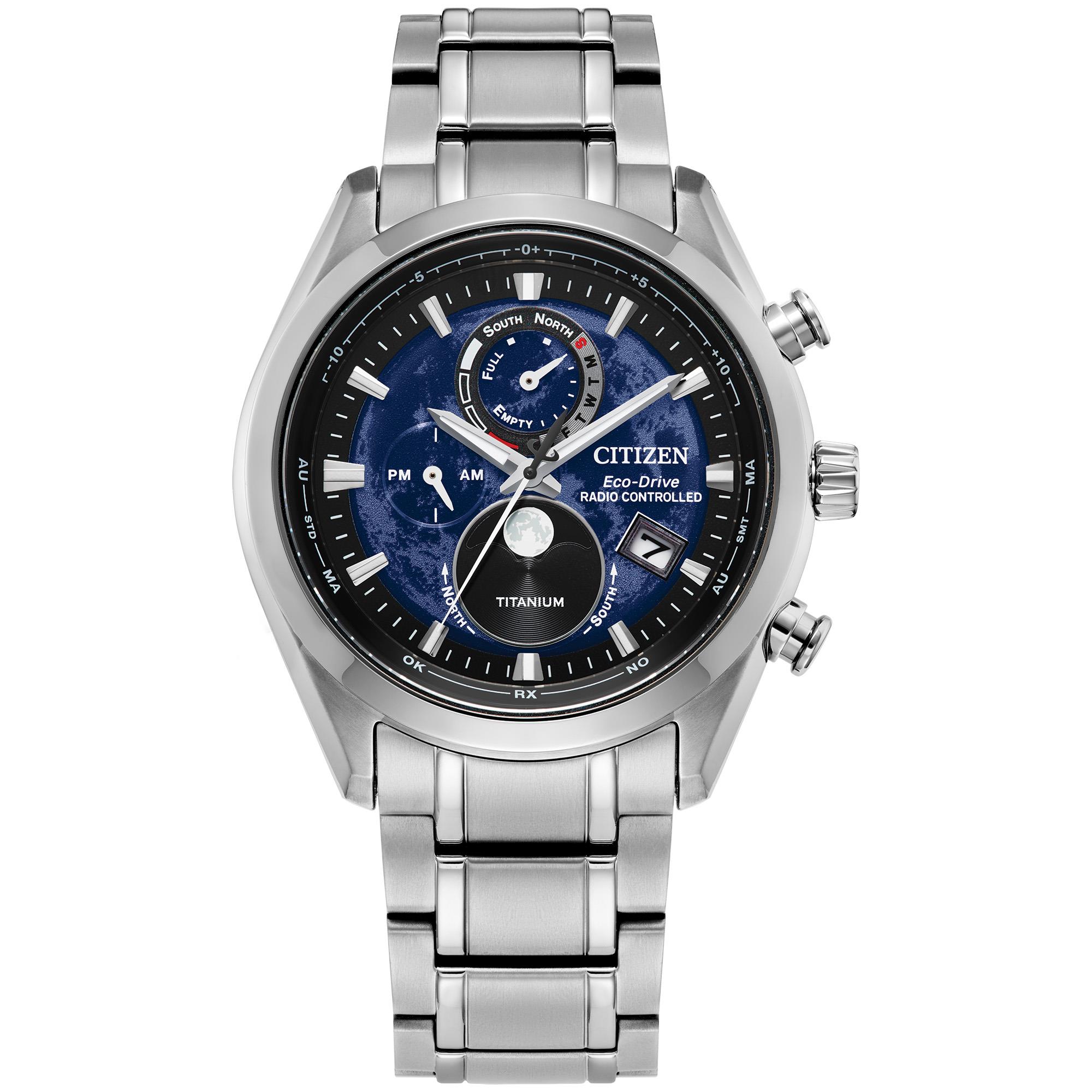 Men's Tsuki-yomi A-T Eco-Drive Super Titanium Bracelet watch, Blue dial