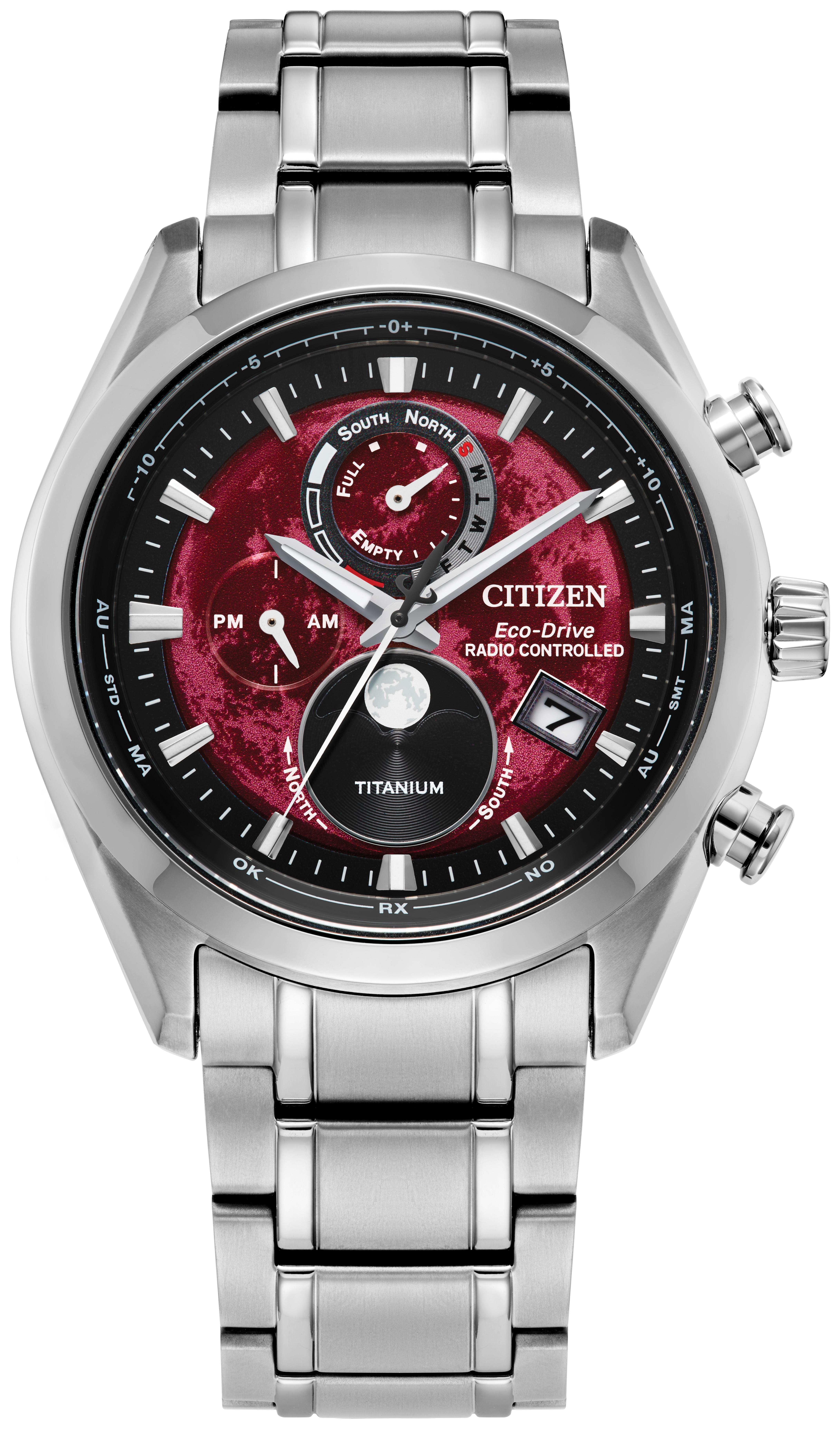 Men's Tsuki-yomi A-T Eco-Drive Super Titanium Bracelet watch, Red dial