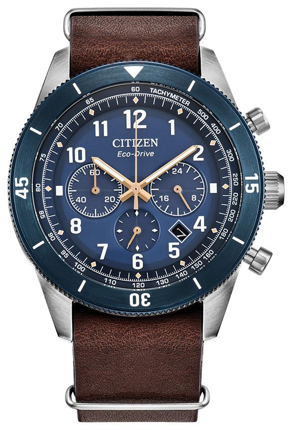 Men's Eco-Drive Terra Force Leather Strap watch, Blue dial