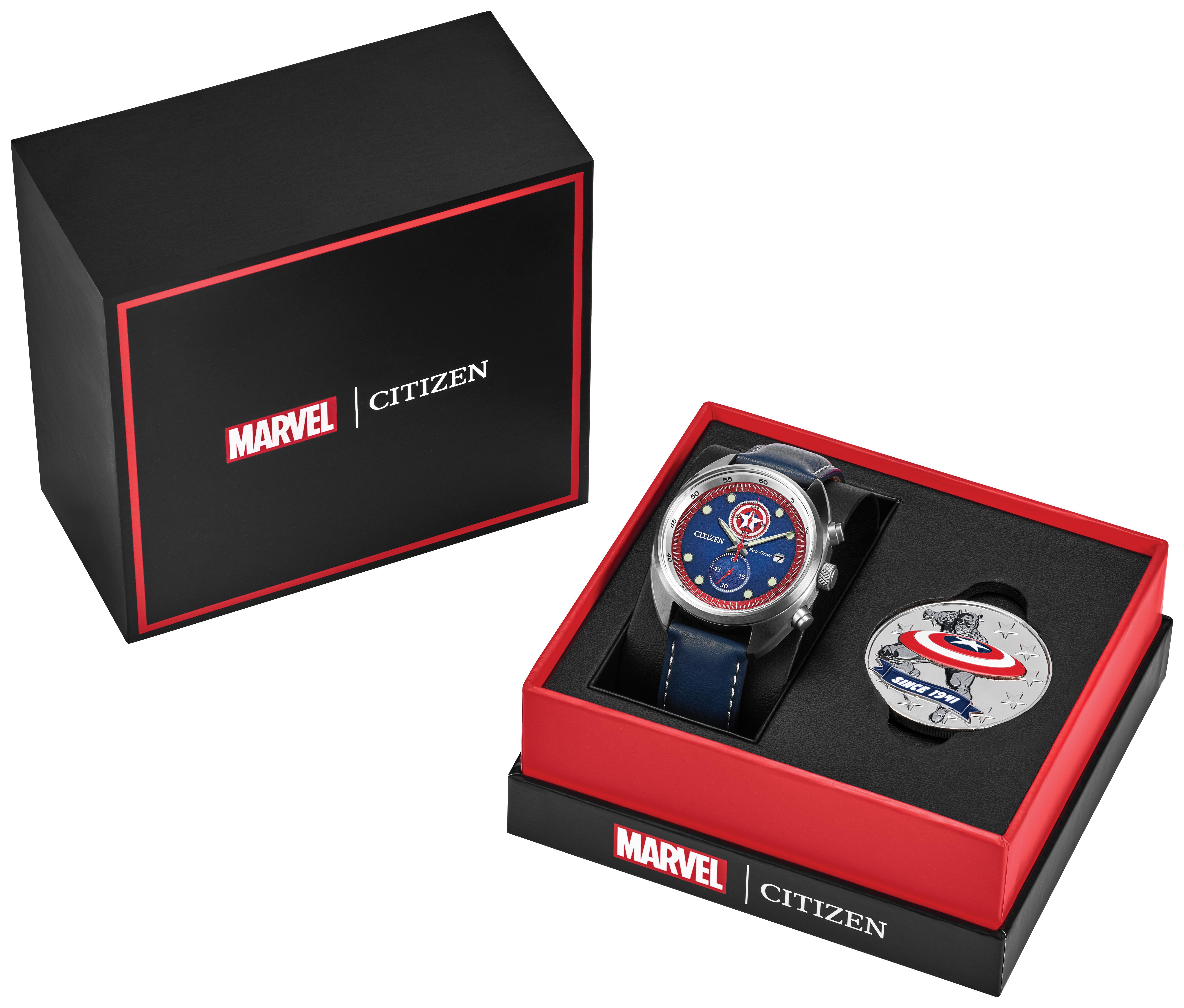 Men's Marvel Captain America Boxed Set Leather Strap watch, Blue dial